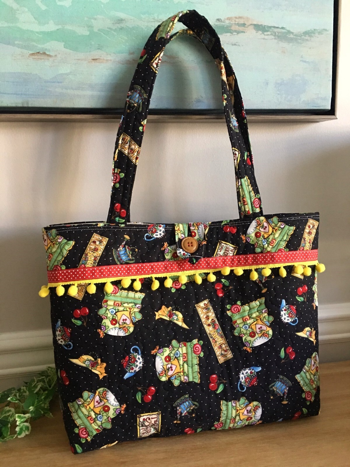 NEW Pom-Pom QUILTED SHOULDER BAG made w/ MARY ENGELBREIT Home Sweet Home fabric