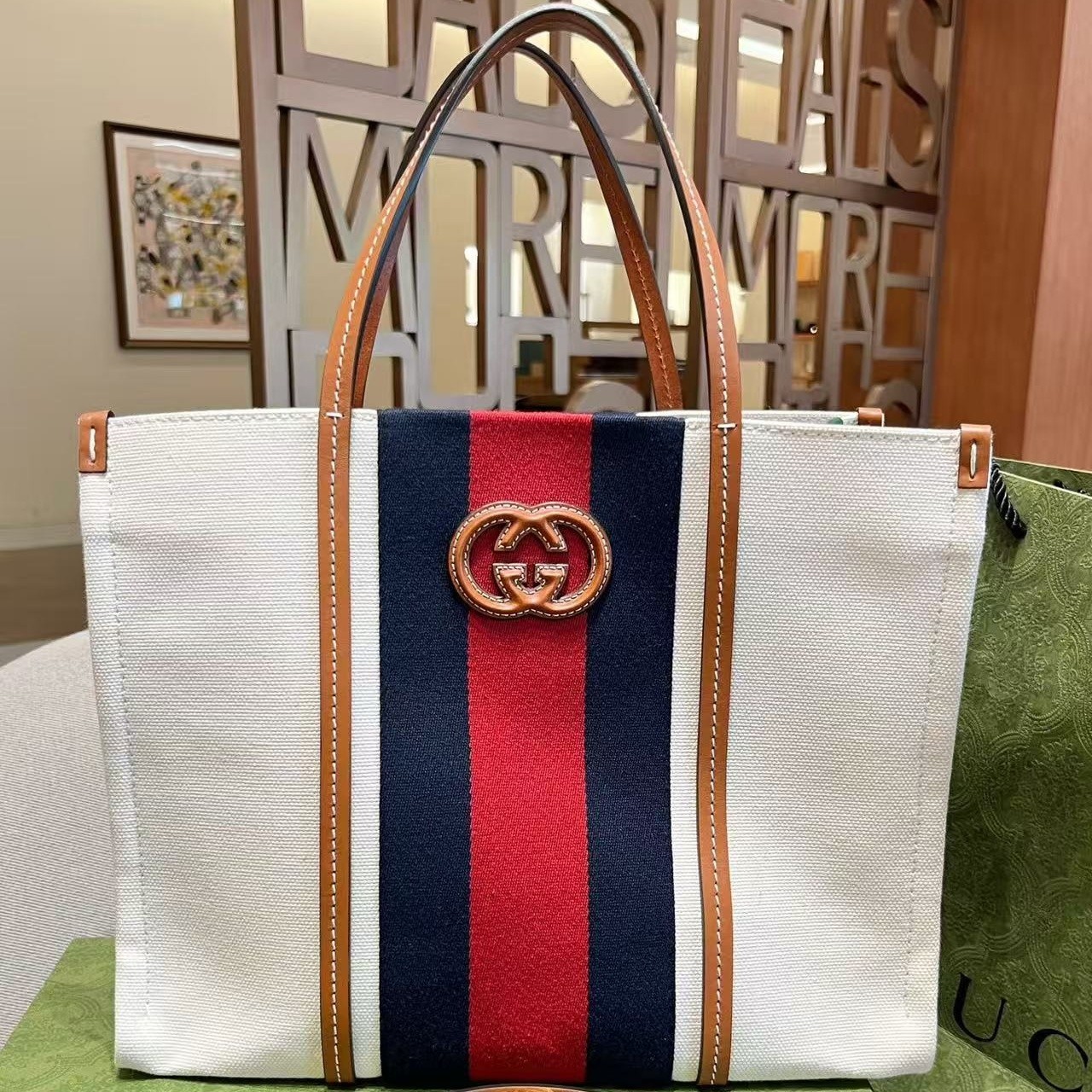 Gucci Interlocking G Small White Canvas Blue Red Web Tote Crossbody Bag