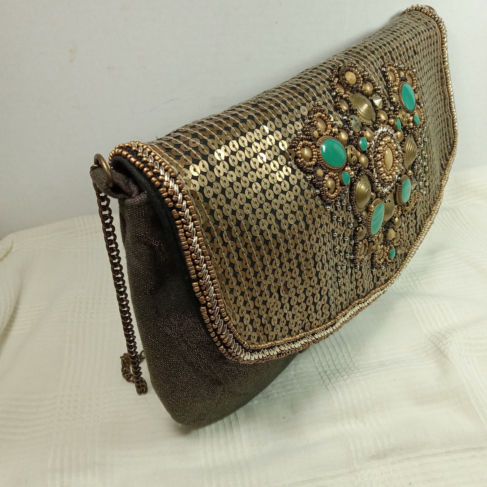 CHICOS PURSE BEADED SEQUINS Clutch GOLD CHAIN STRAP