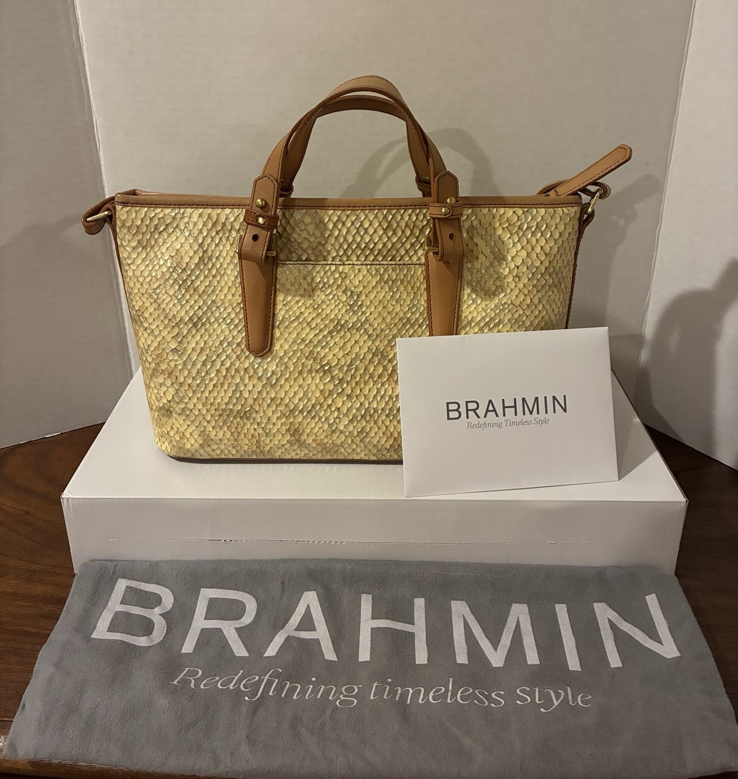 Brahmin Embossed Top Handle Bag Zip Closure Brown/Beige w Strap & Dust Bag