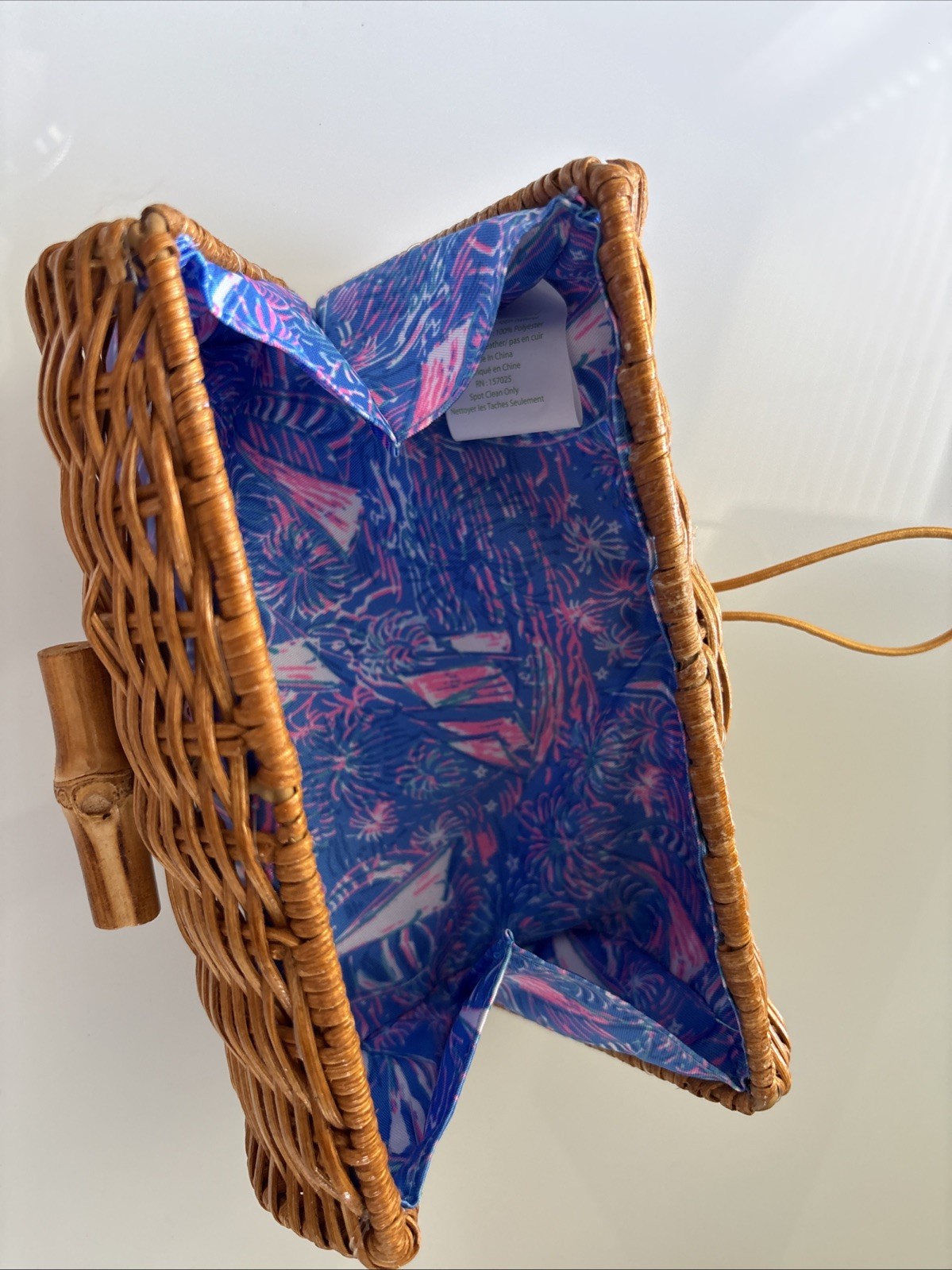 Lilly Pulitzer Wicker Case,natural rattan construction bamboo toggle closure.