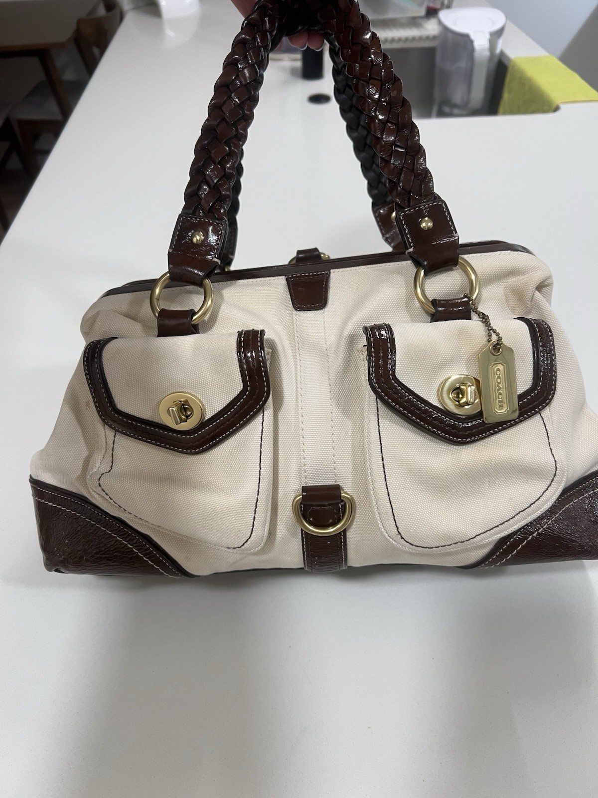 Coach Beige/Brown Satchel Top Handle Braided Handle Gold Hardware Zip Turn Lock