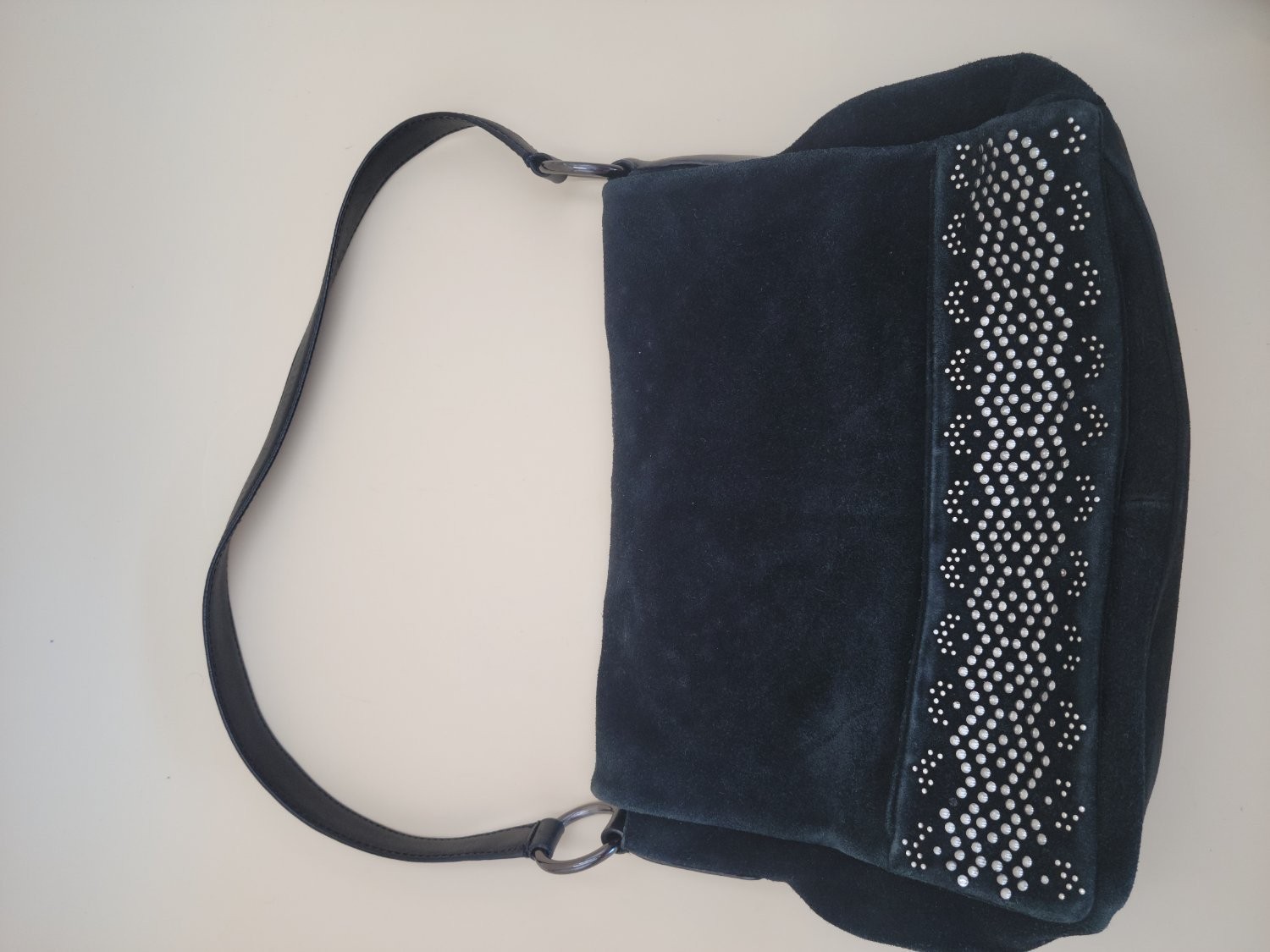 Via Spiga Black Suede Studded Shoulder Bag Leather Strap Hobo Handbag Medium