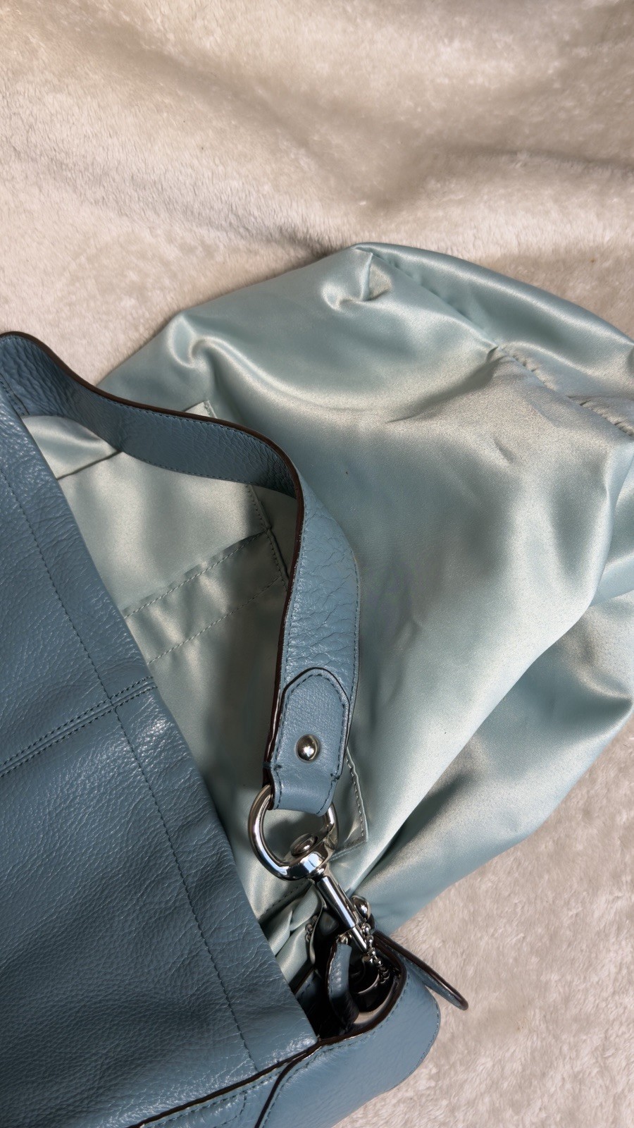 COACH F23309 Avery Blue Pebbled Leather Hobo Shoulder Bag Slouchy Tote Silver HW