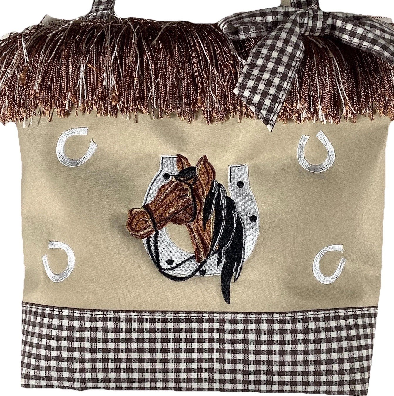 Western Style Purse Tote Bag Gingham Fringe Cowgirl Fabric Brown Cute