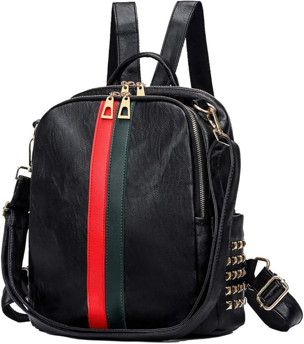 Italian Style Backpack Purse Unisex Leather Shoulder Bag Green Red Stripe New