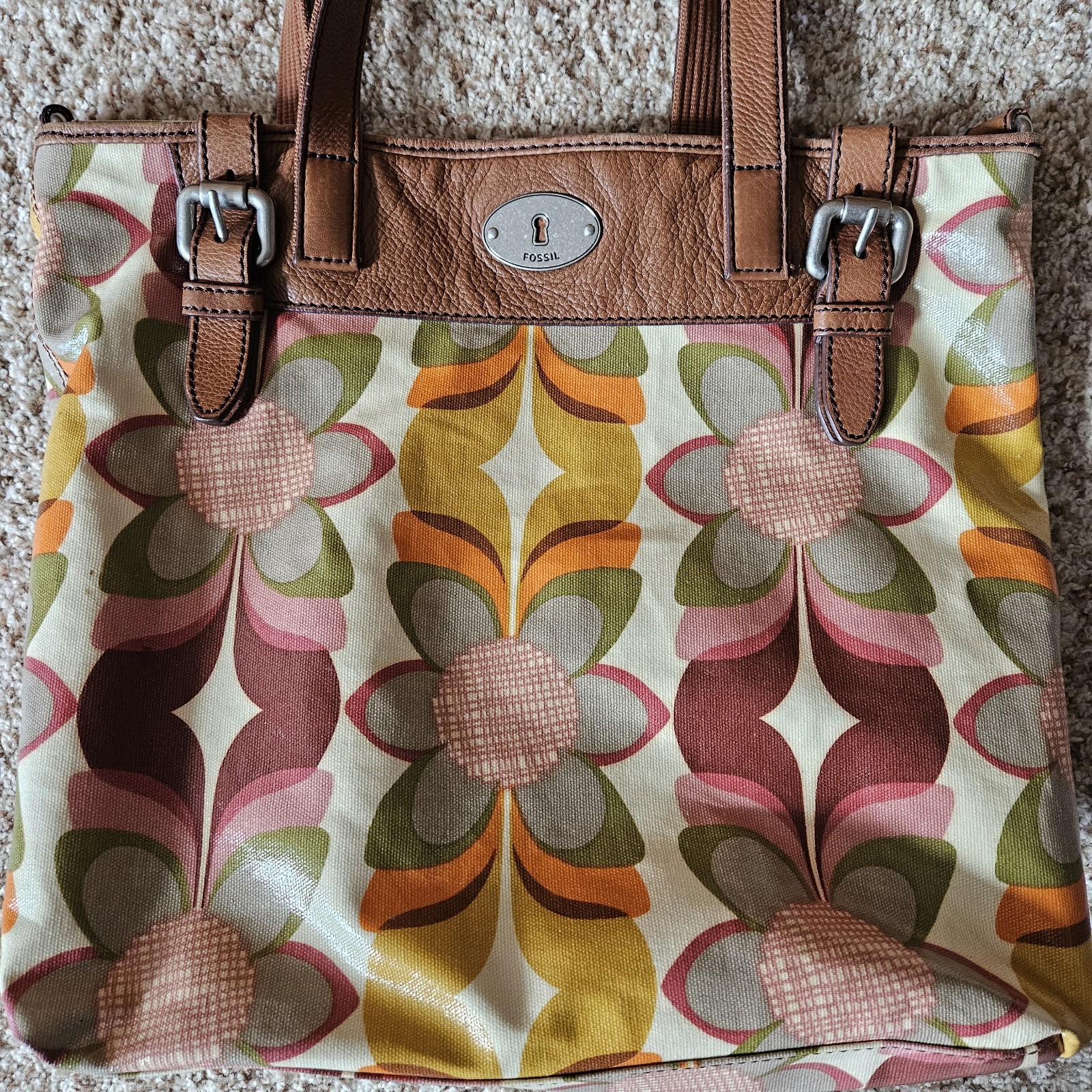 FOSSIL Key-Per Coated Canvas Brown Leather Floral Tote Handbag Boho