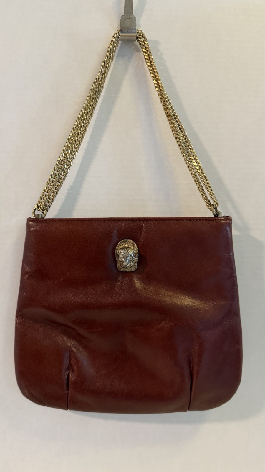 VTG Ruth Saltz Brown Shoulder Bag Lion Head Gold Chain Strap Snap Closure