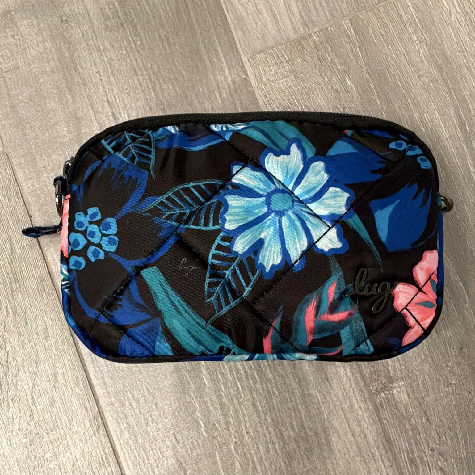 Lug Coupe SE Floral Makeup Bag Zip Pockets Strap Black Blue Pink