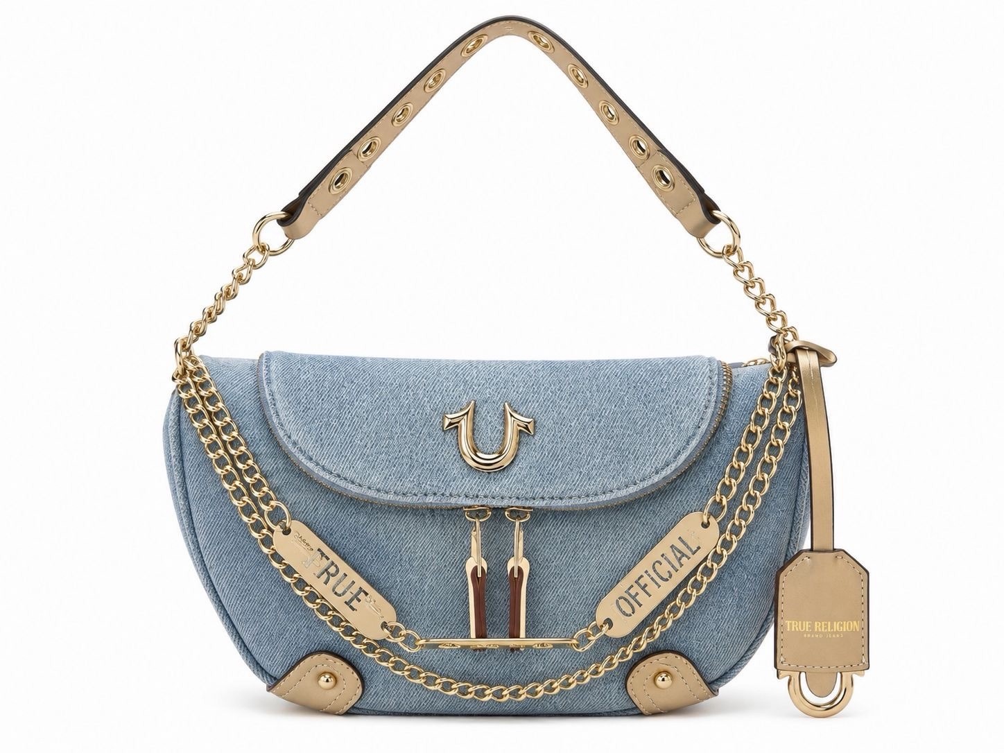 True Religion Shoulder Bag Blue Gold Chain Logo Detachable Strap Zip Women