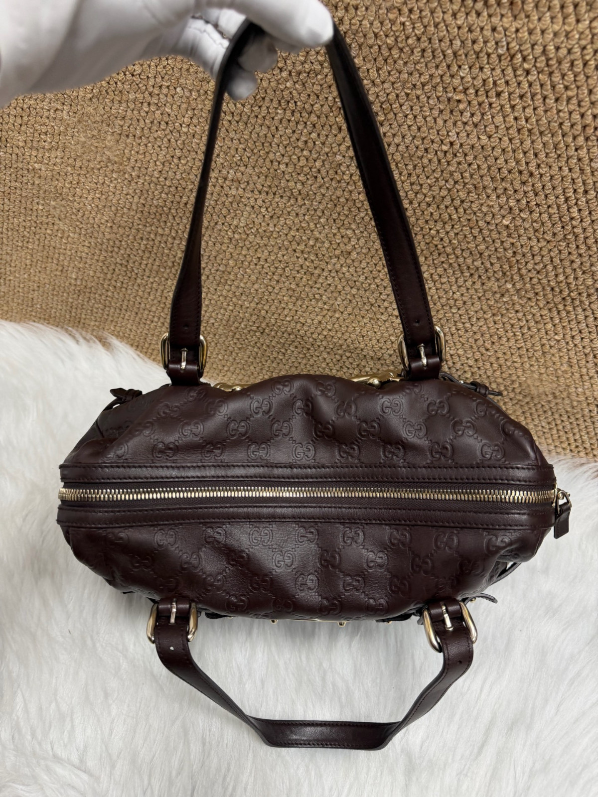 Authentic Gucci 85th Anniversary Boston Bag Embossed Leather Boston Bag Dark