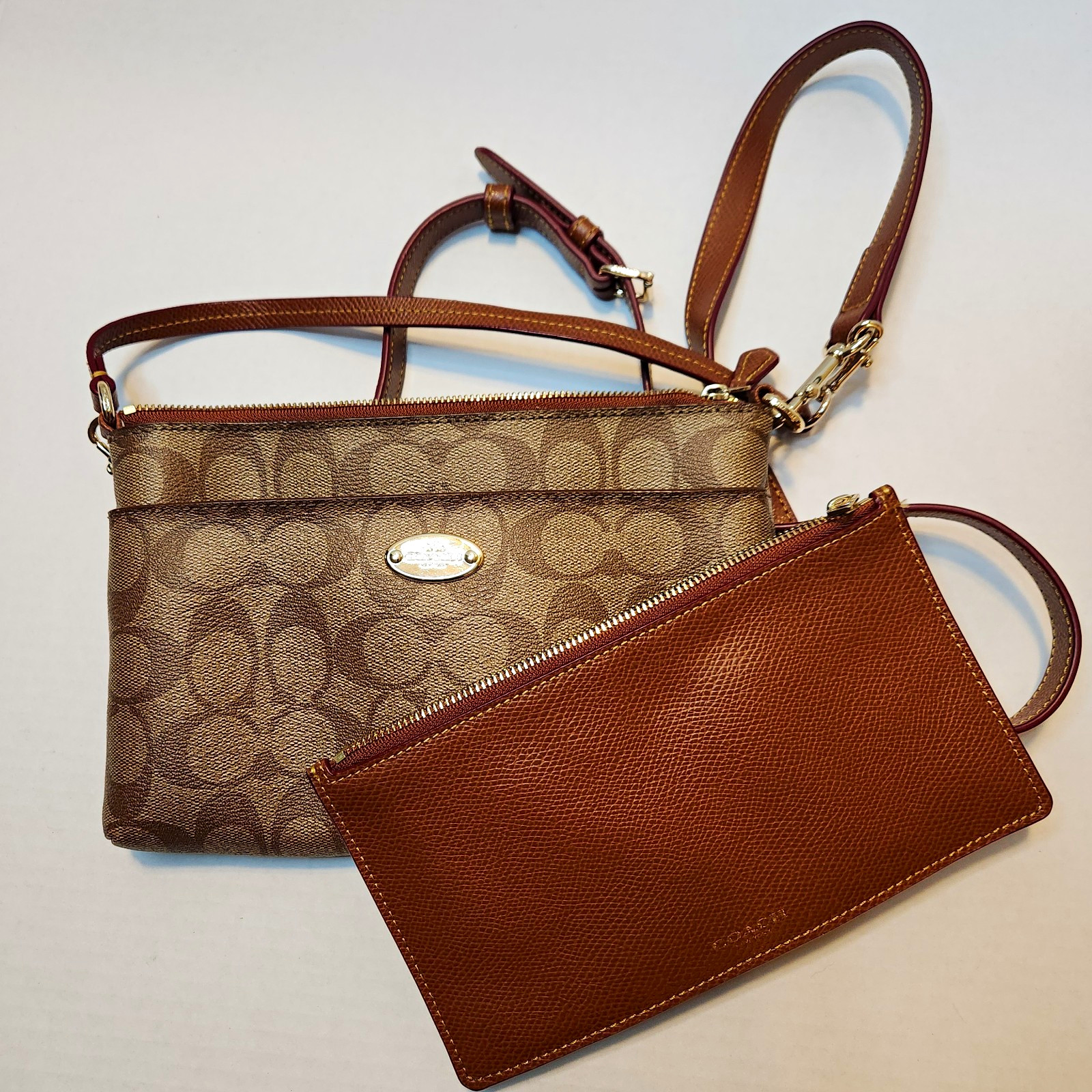 COACH F52657 F52619 Signature East West Pop Crossbody Bag Khaki Saddle Brown Set