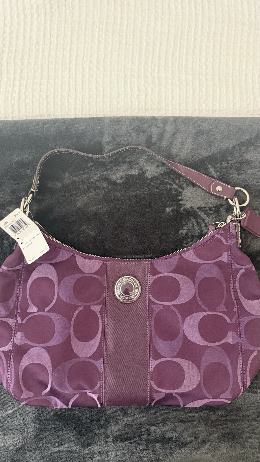 Coach Signature Hobo Shoulder Bag Purple Multi Zip Silver Hardware Detachable
