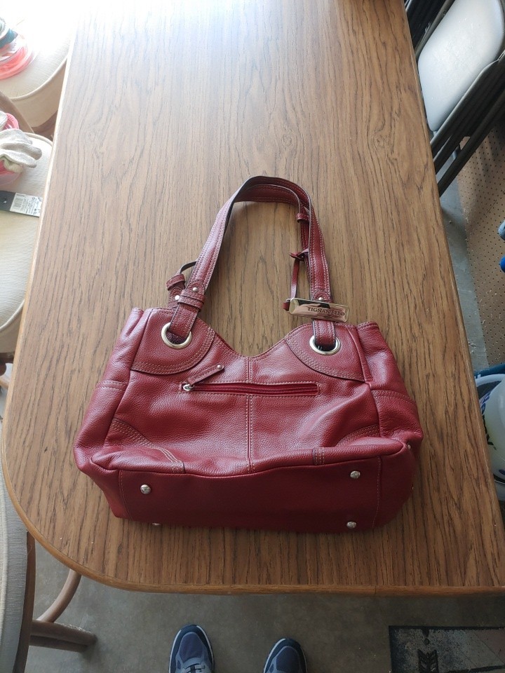 Tignanello Deep Red Matte Pebbled Leather Handbag Double Buckle Handles