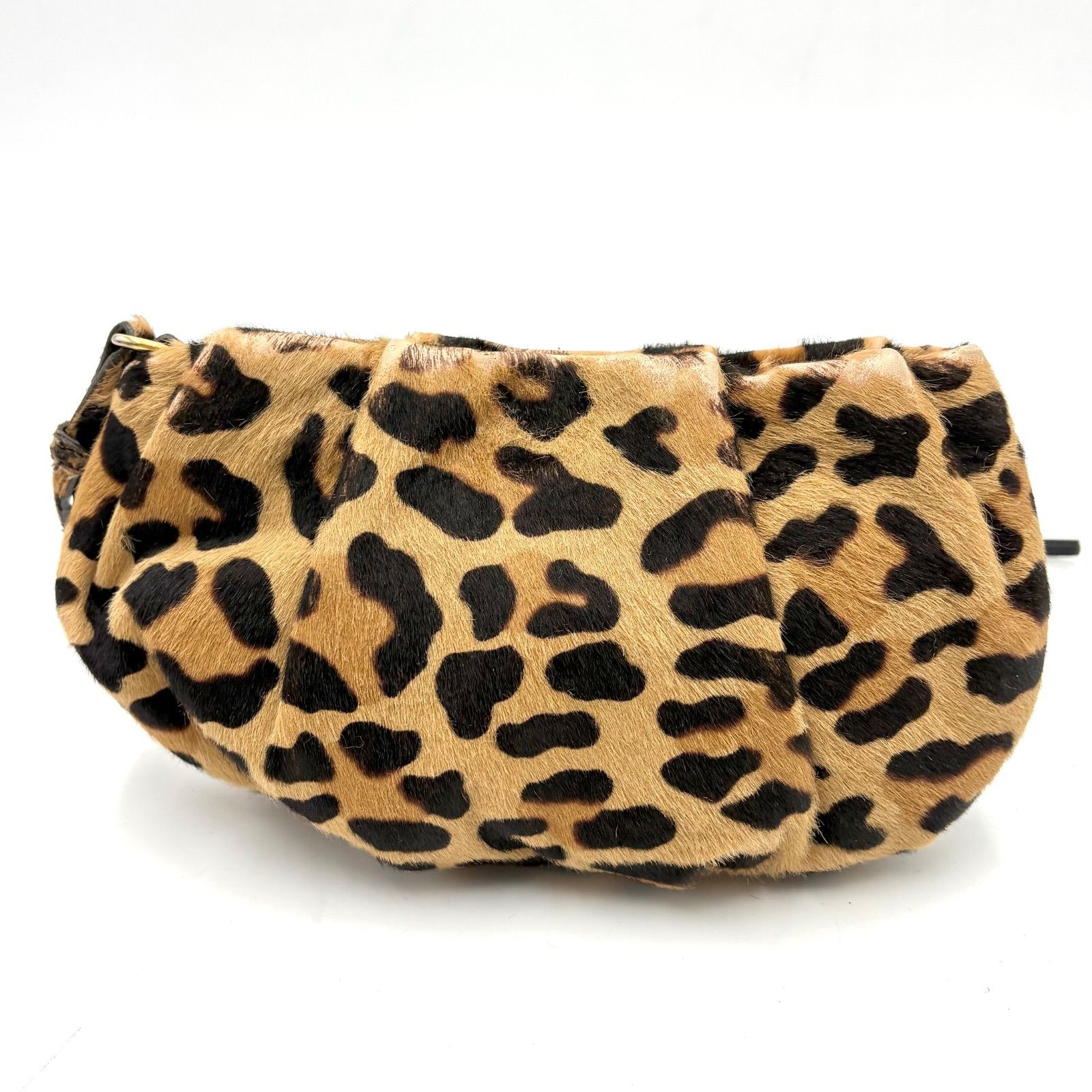 Auth PRADA Calf hair Leopard-Print Mini Pouch, Clutch Bag, Handbag 2Y10469