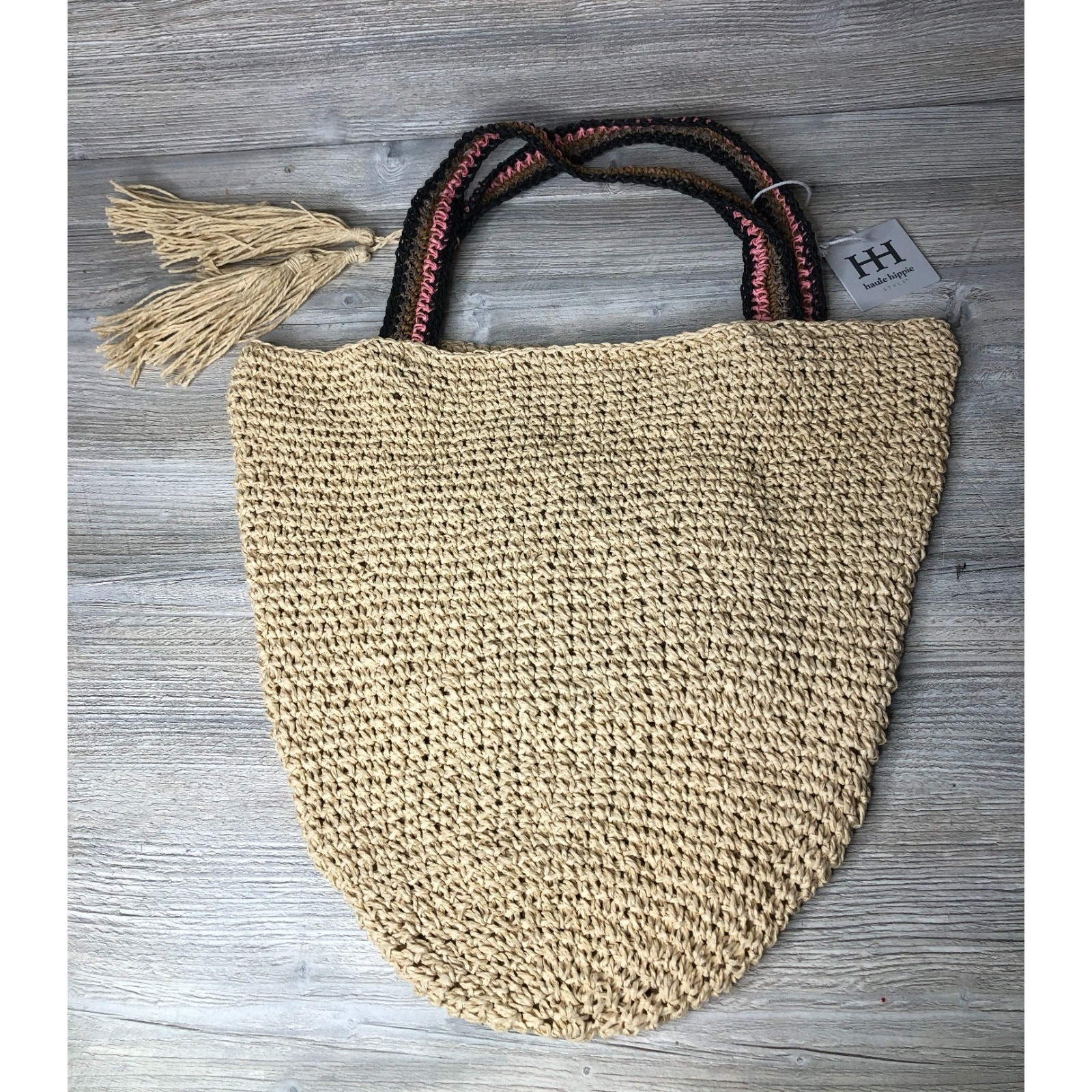 NWT Haute Hippie Tote Beach Bag Straw Woven Raffia Double Handle Tassel 16×21