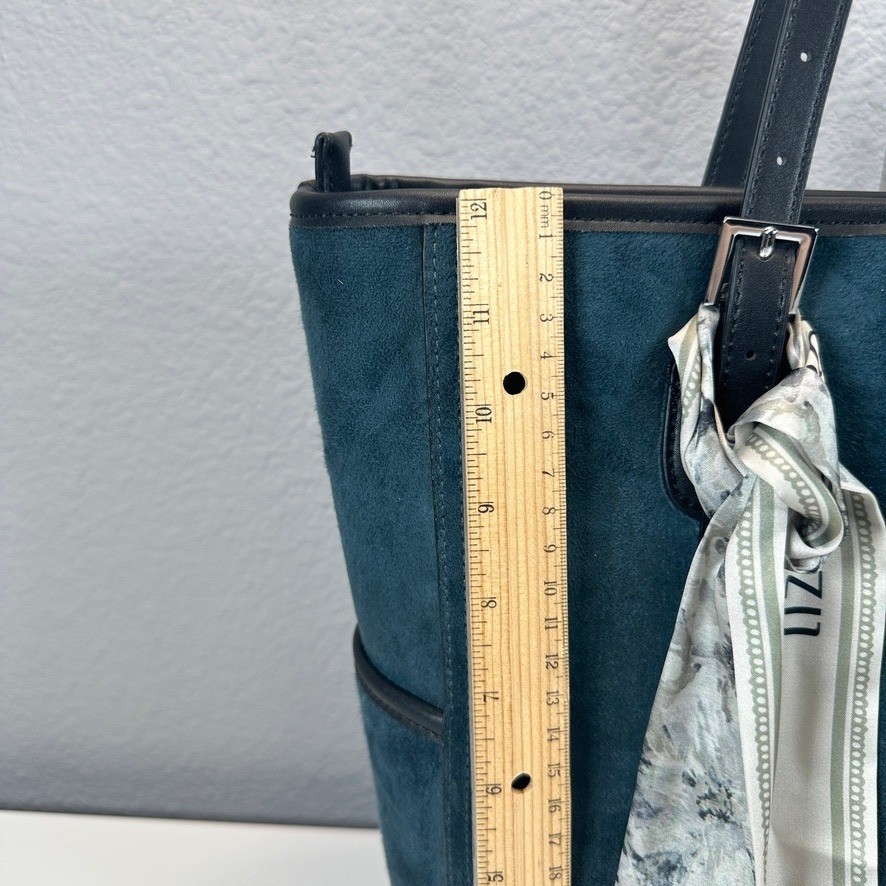 Liz Jordan-Hill Teal Microsuede Carryall Tote Bag Floral Scarf Adjustable Straps