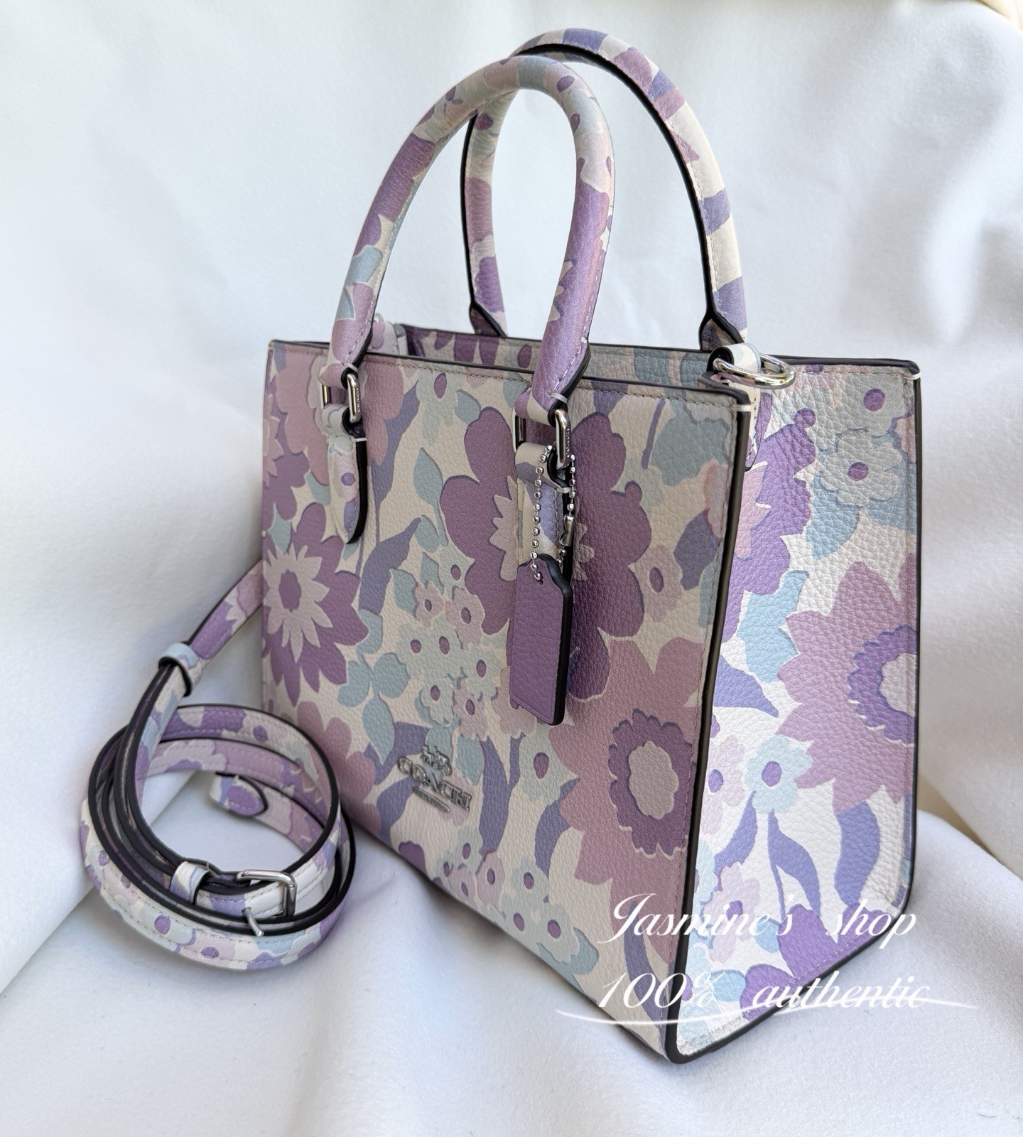 NWT COACH Maggie Small Tote Bag Floral Print Pebble Leather Ivory Purple CBM08