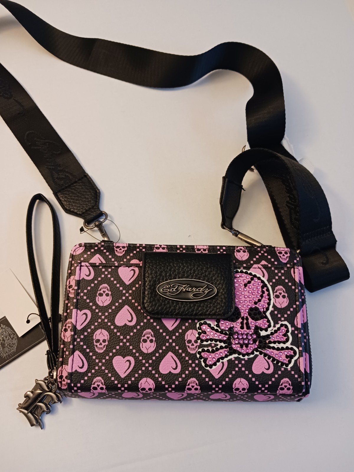 Ed Hardy DOUBLE Zip Crossbody Wristlet Wallet, Skull & Hearts Pink Black NWT