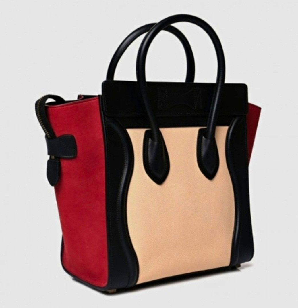Fancy Tote Beige Red Black Luggage Colorblock Handle Adj Strap Small Sz