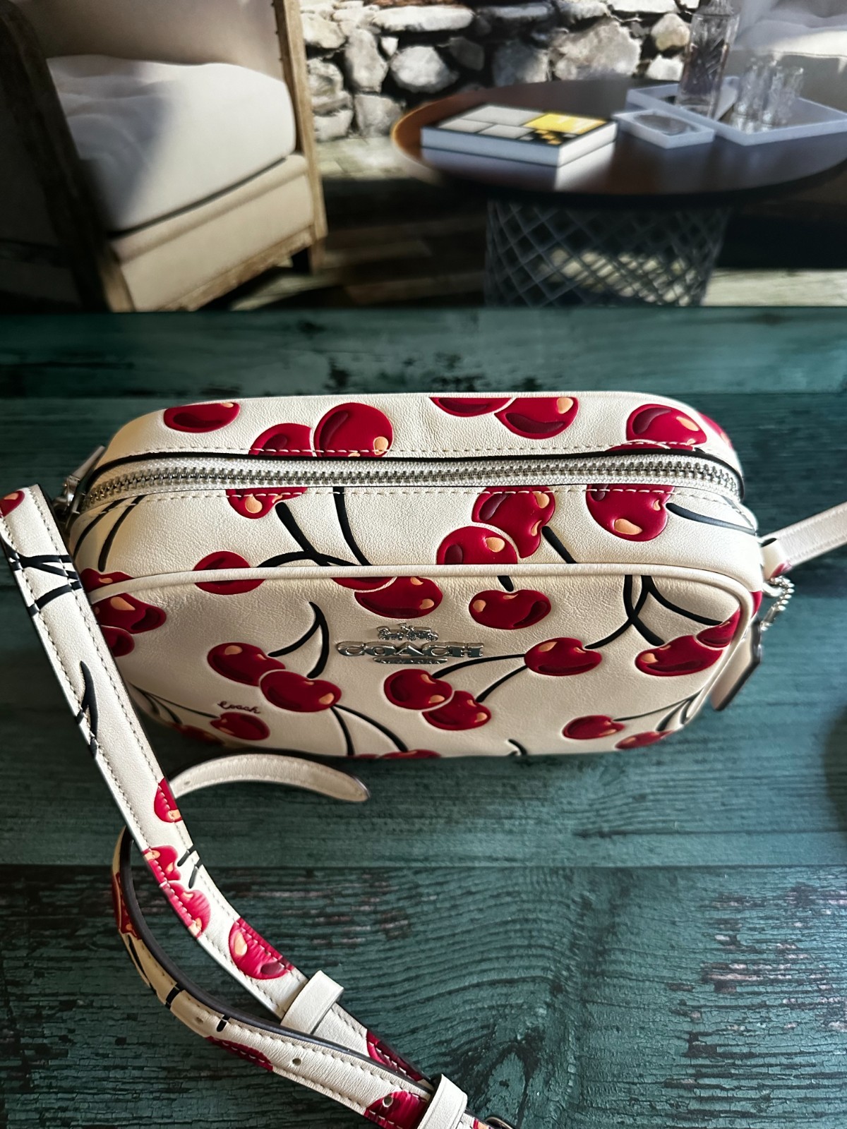 NWT Coach CAB04 Mini Jamie Camera Bag In Smooth Leather Cherry Print Chalk Multi