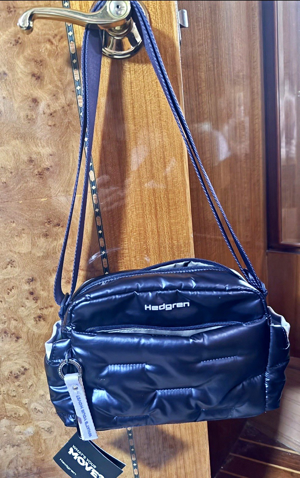 Hedgren Women’s Navy Blue Crossbody Bag, Zip Closure, Adjustable Strap, Silver