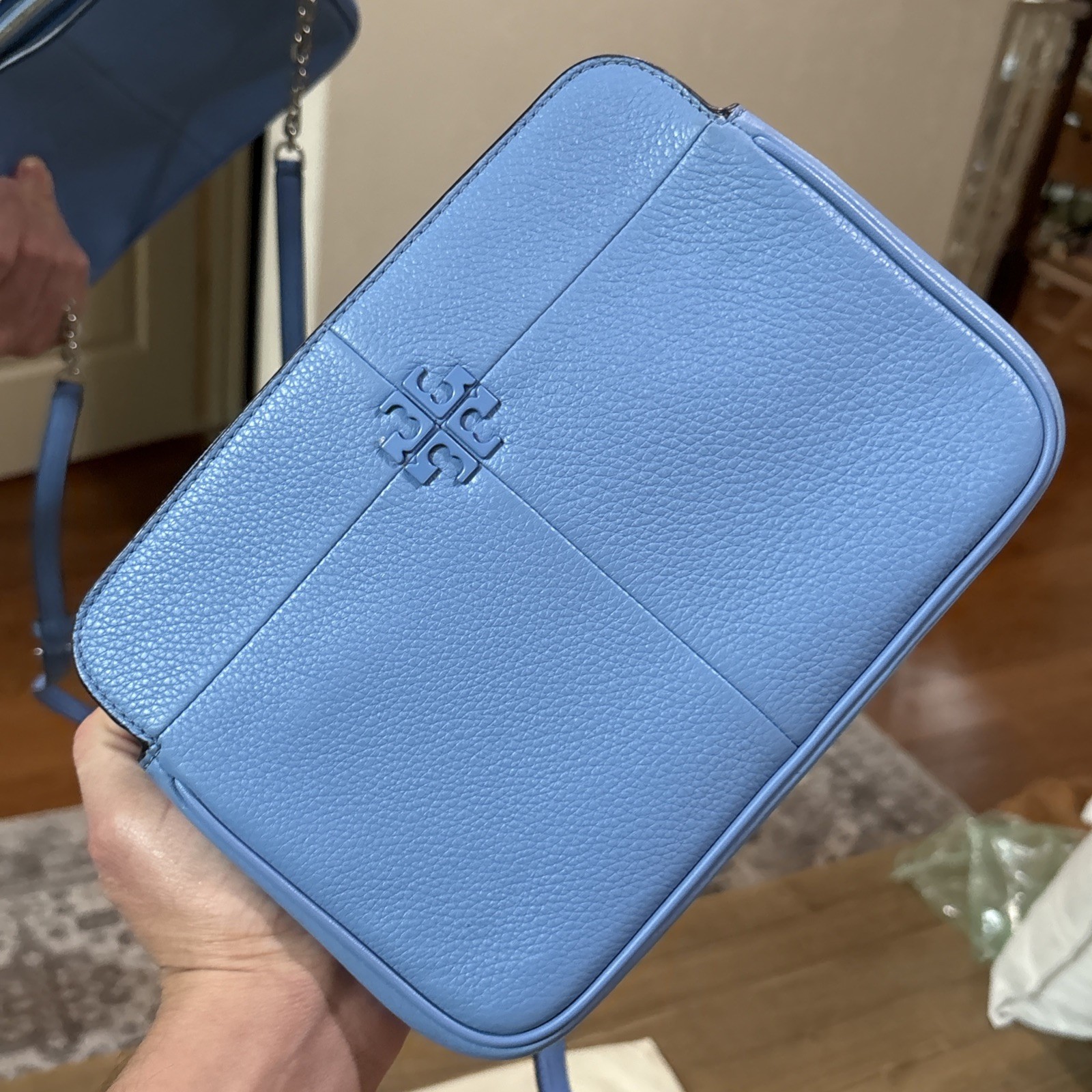 Tory Burch Light Blue Pebbled Leather Crossbody Tassel Logo