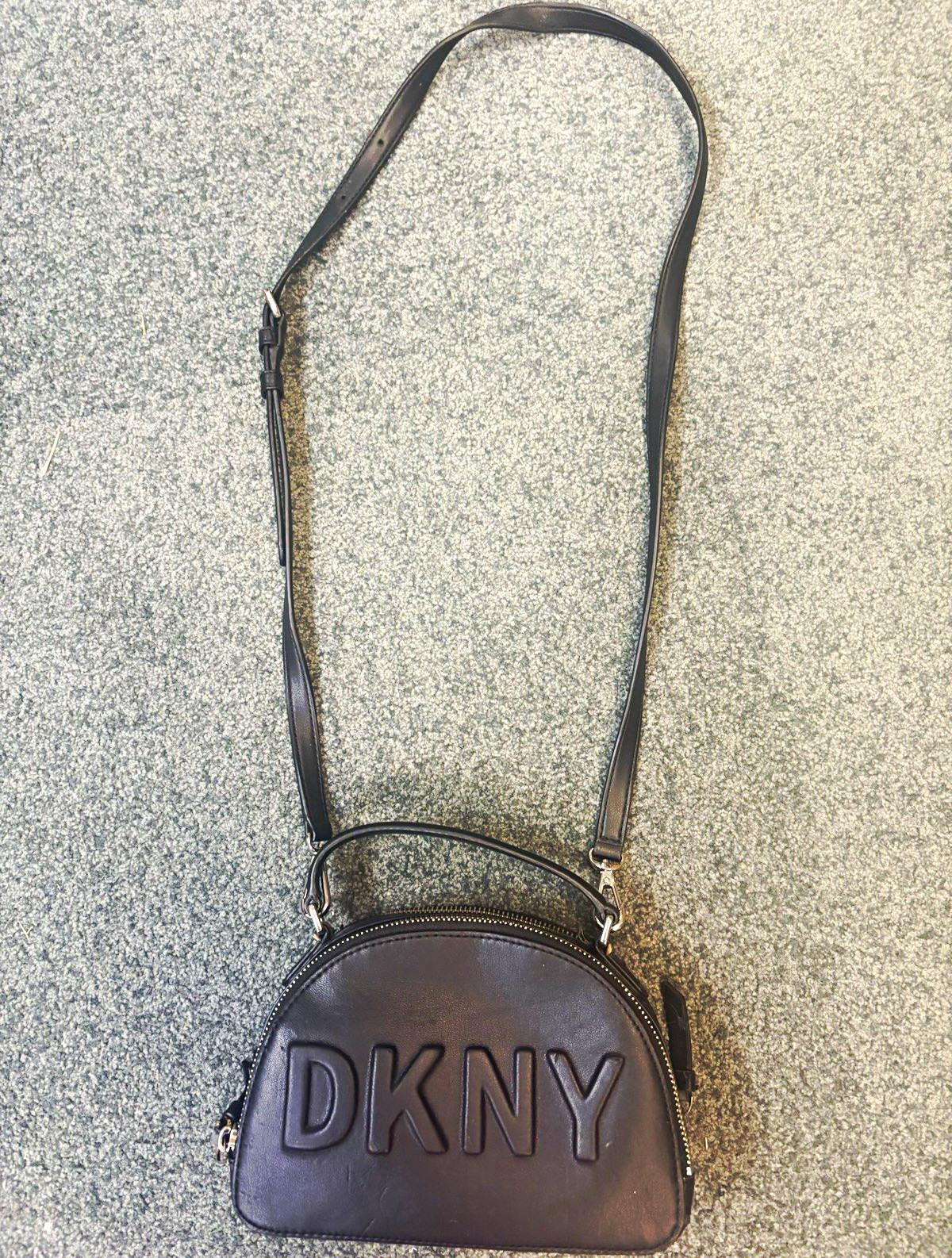DKNY Black Small Half Moon Crossbody Bag Logo Pattern Zip Adjustable Strap
