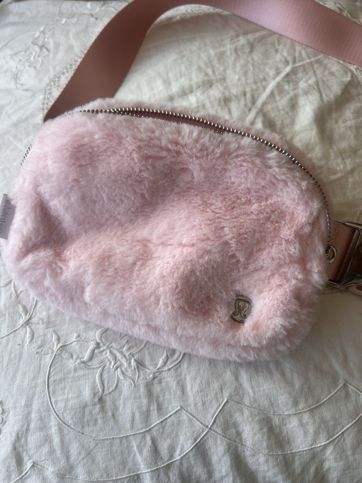 Lululemon Pink Faux Fur Belt Bag Fanny Pack Adjustable Strap Logo Accent