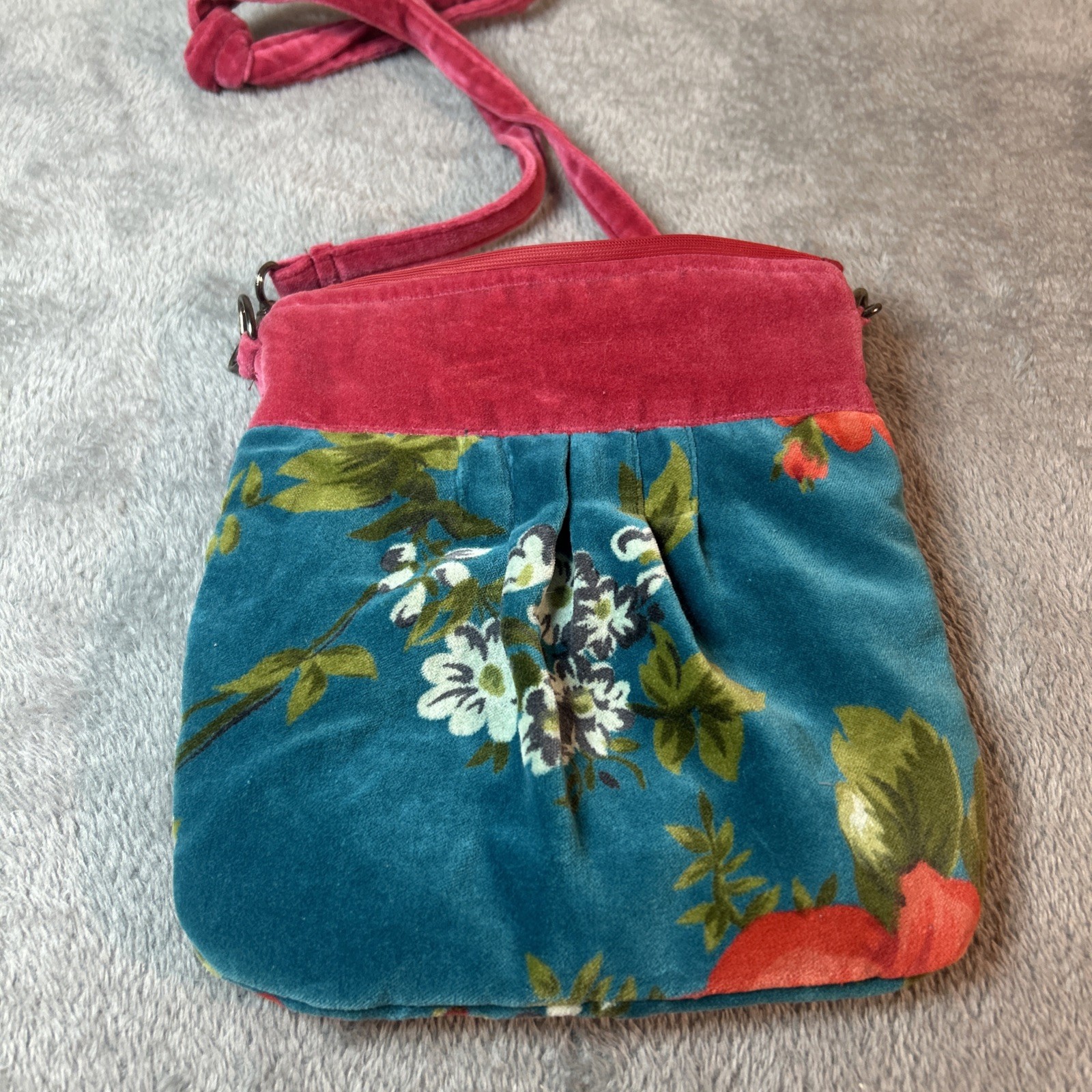 Floral Velvet Cottage Core Romantic Crossbody Bag Teal And Pink