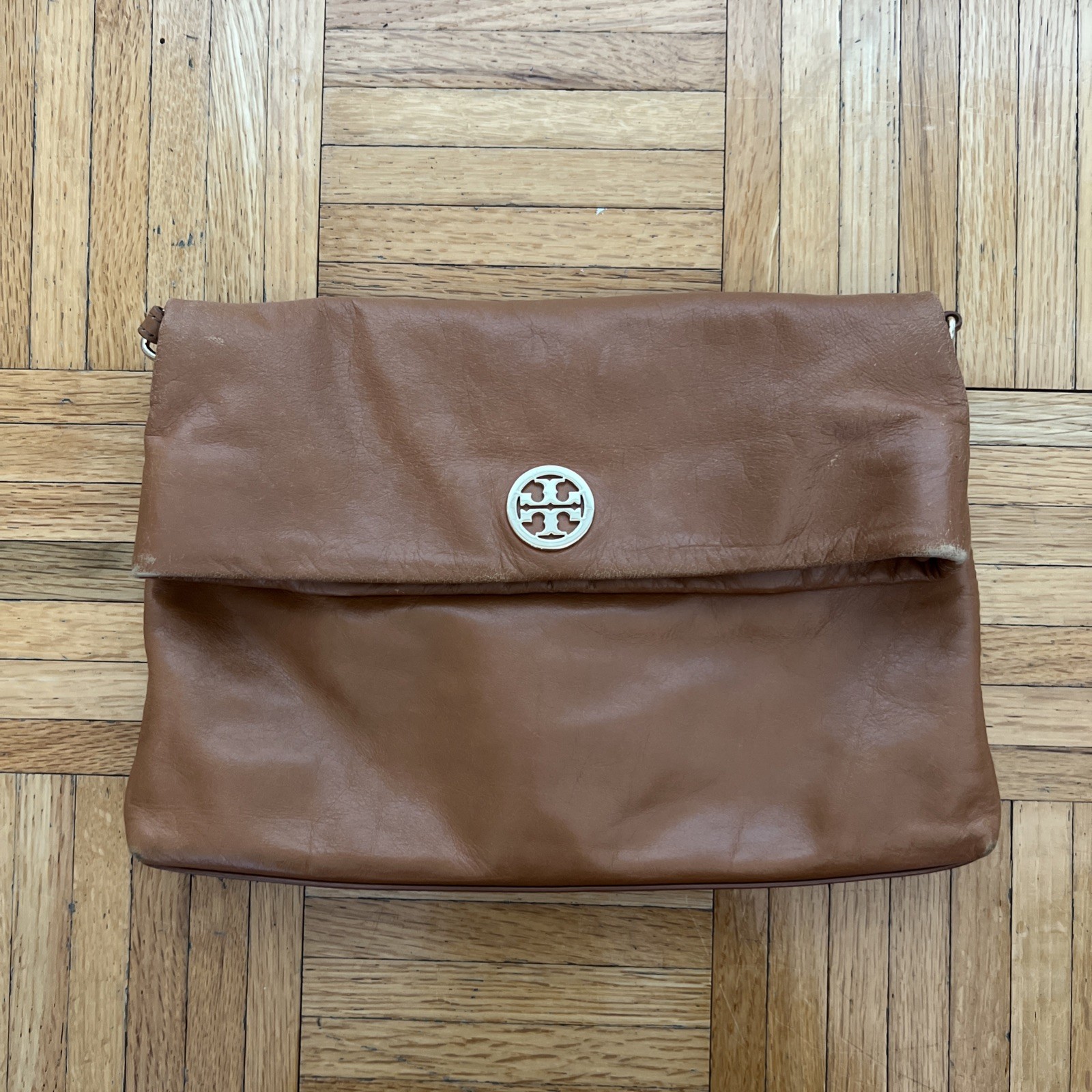 Tory Burch Dena Foldover Convertible Flap Crossbody Leather Bag/Clutch Tan Color