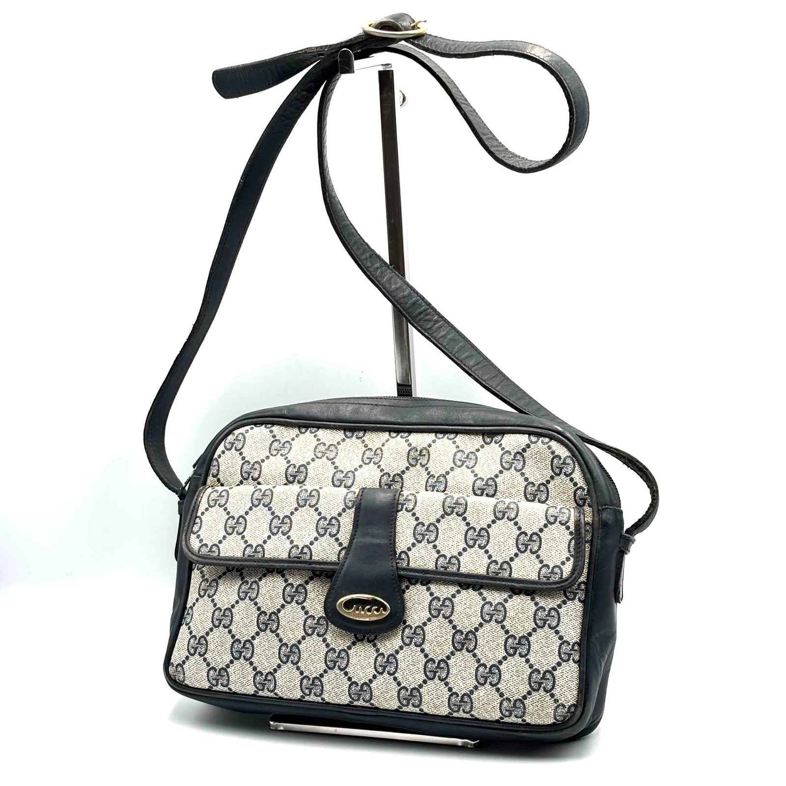 Vintage Gucci Shoulder Bag PVC Leather Navy Authentic