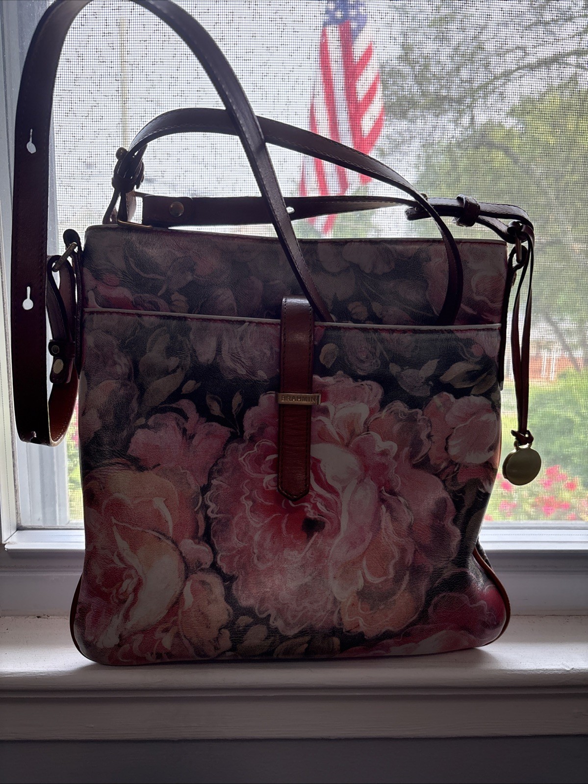 Brahmin Leather Crossbody Bag – Multi Flower Color Pattern – Great for Summer!