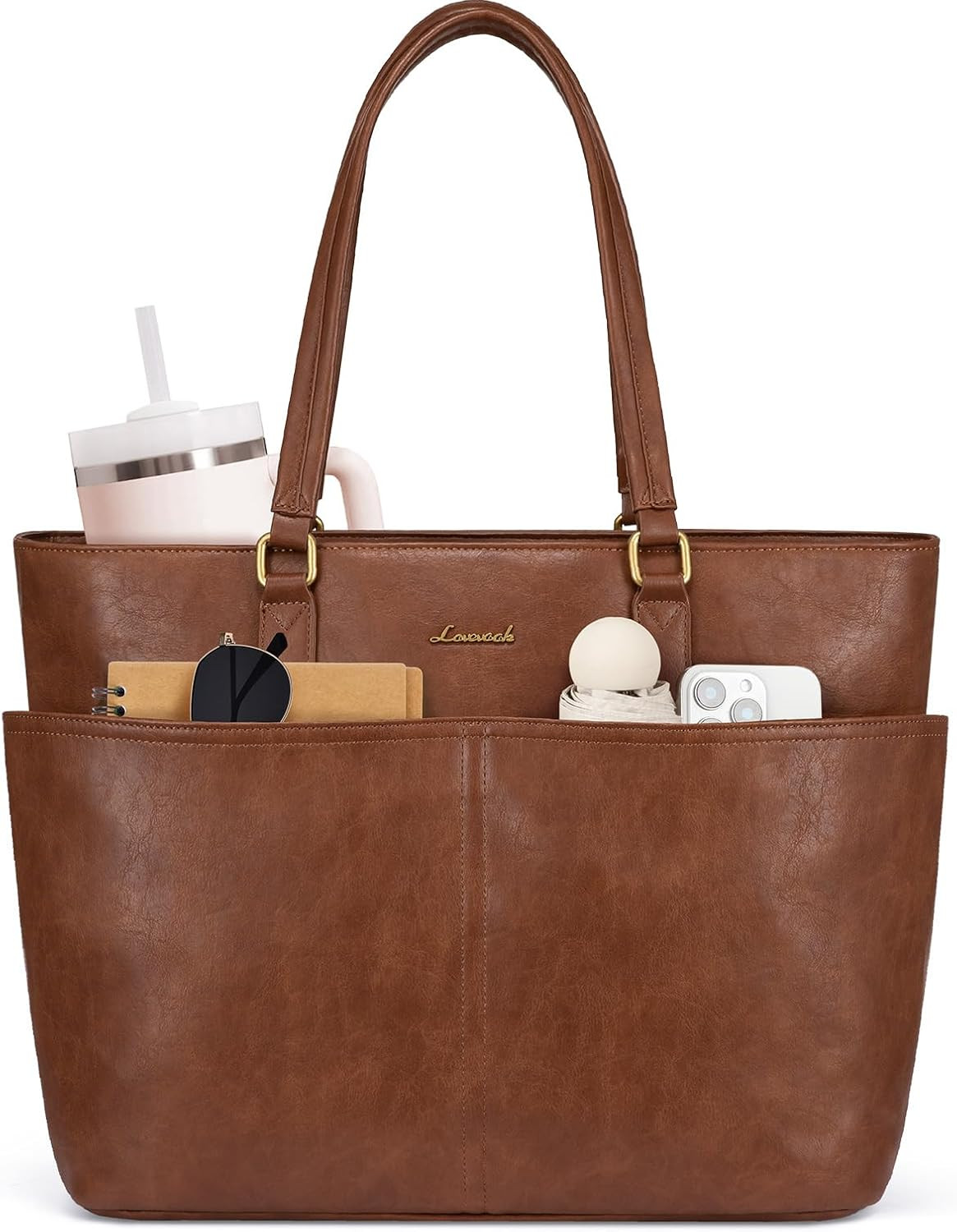 Vintage Leather Work Tote for Women, 17.3″ Laptop Bag with Cup Holder