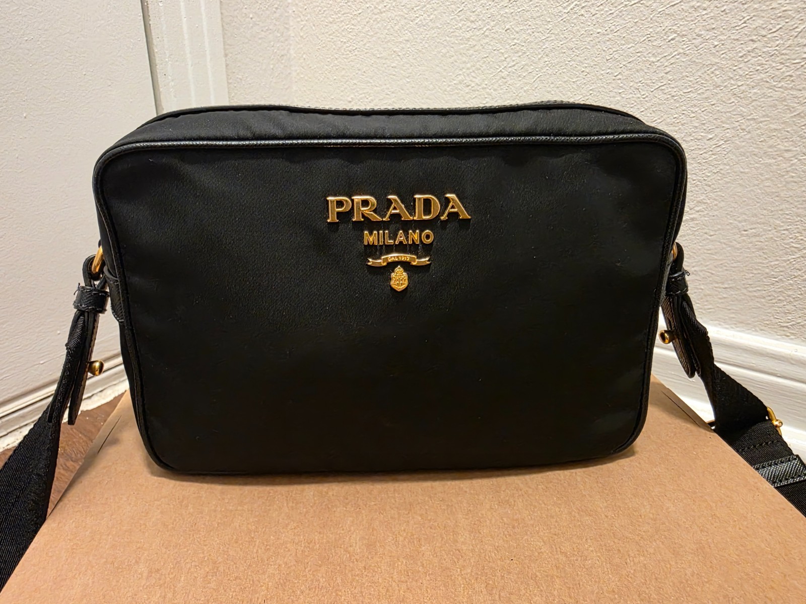 Authentic Prada Tessuto Saffiano Black Nylon Camera Bag Gold Hardware + Receipt