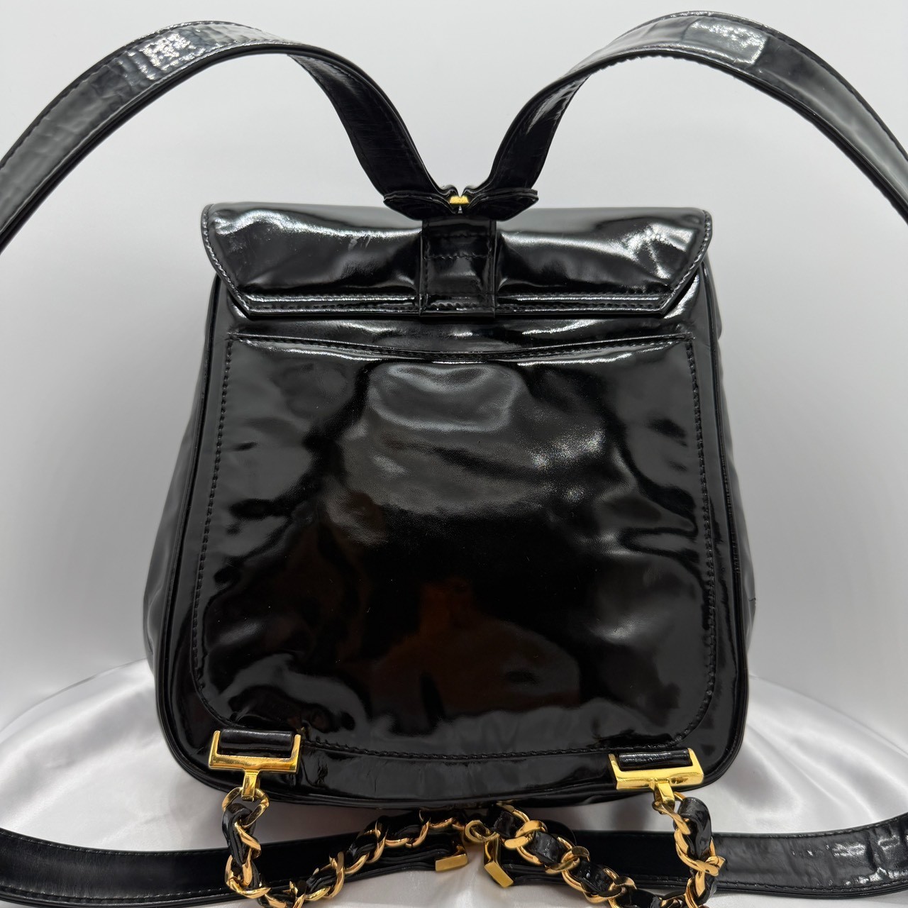 CHANEL Vintage Patent Leather Backpack Black CC Turn Lock Gold Hardware