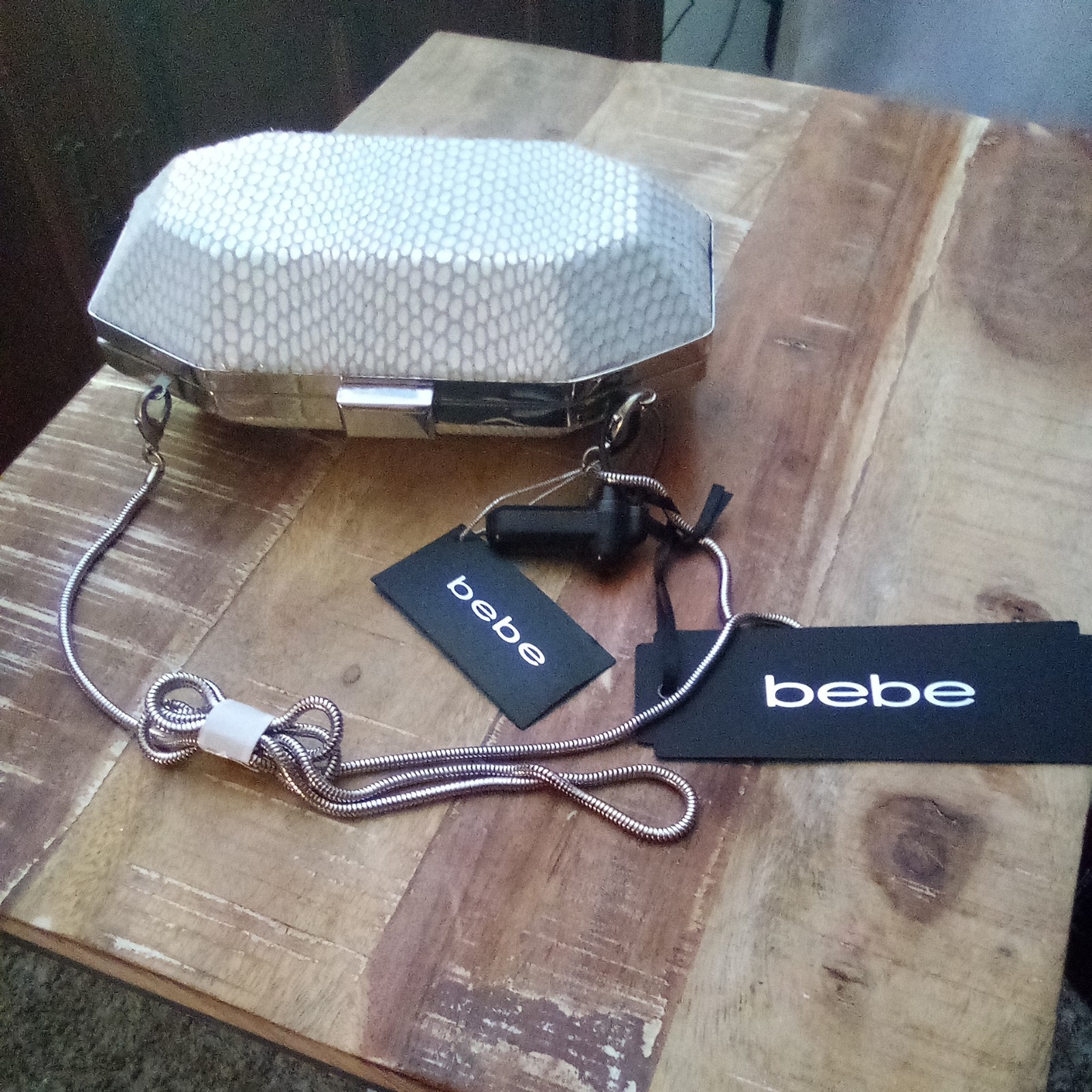 Bebe Clutch Purse Iridescent Exotic Minaudiere Evening Bag with Chain Strap NWT