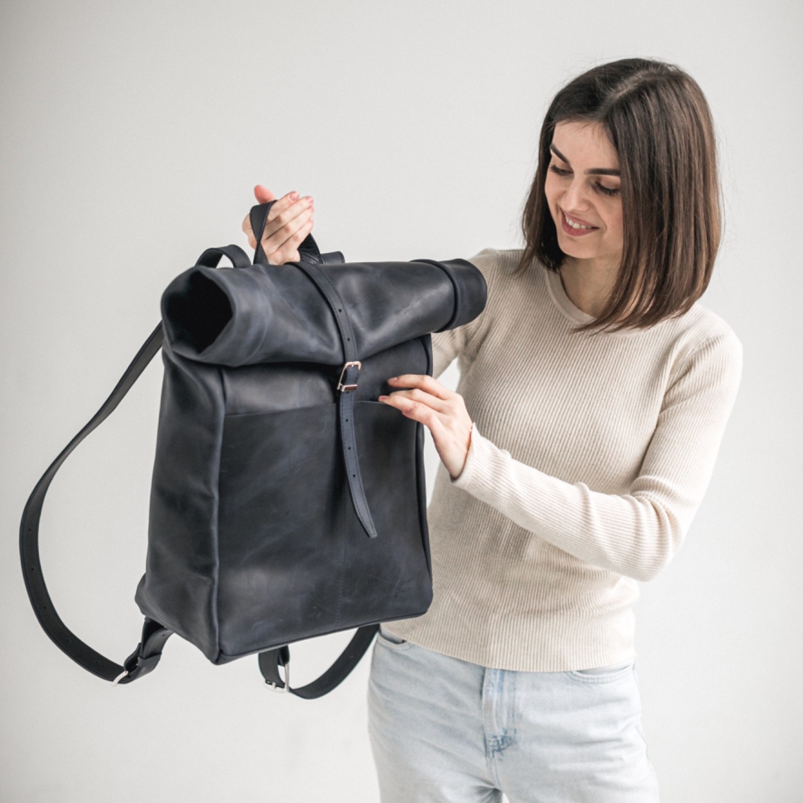 Navy Blue Leather Roll Top Backpack Full Grain Laptop Bag Handmade Travel