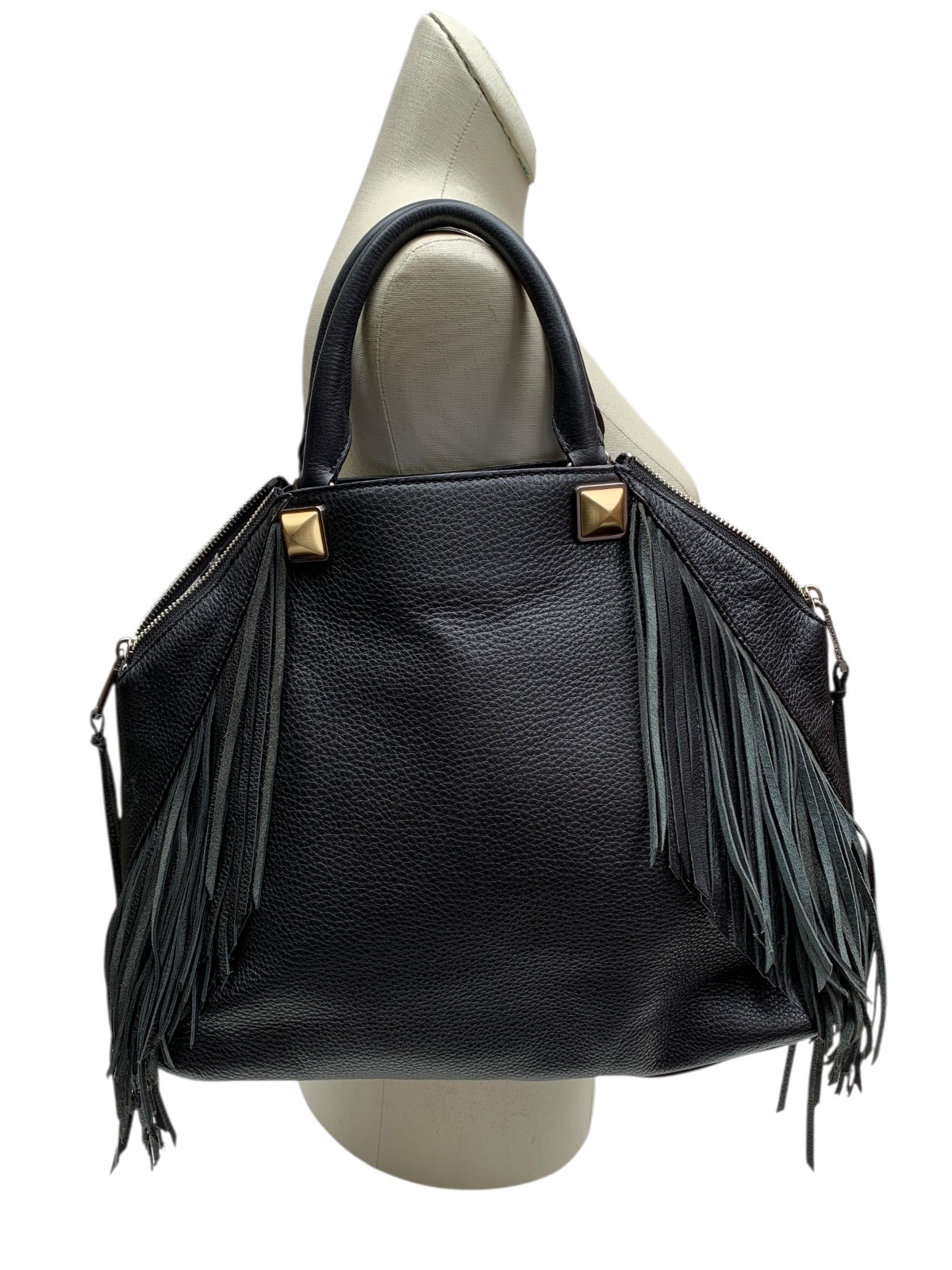 Rebecca Minkoff RYLAN Black Fringe Purse Pebbled Leather Boho Moto Tote Studs