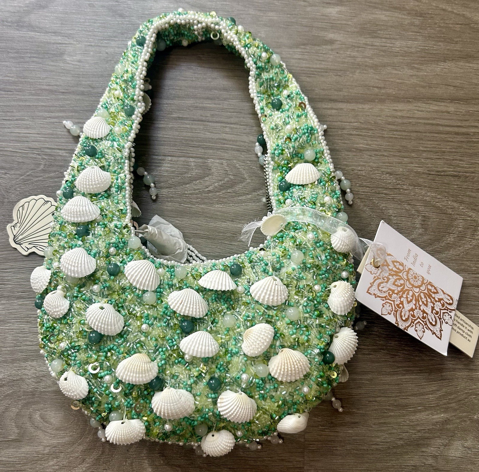 Handcrafted In India Beaded Bag Viral Green with shells Beach Time Vacation NWT