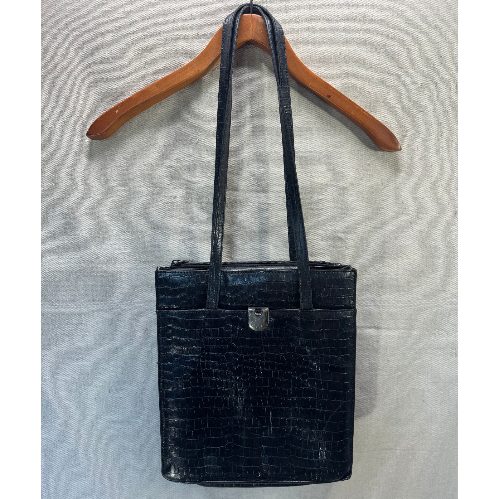 David Dart Black Croc-Embossed Shoulder Tote Bag Top Zip Front Pocket Y2K