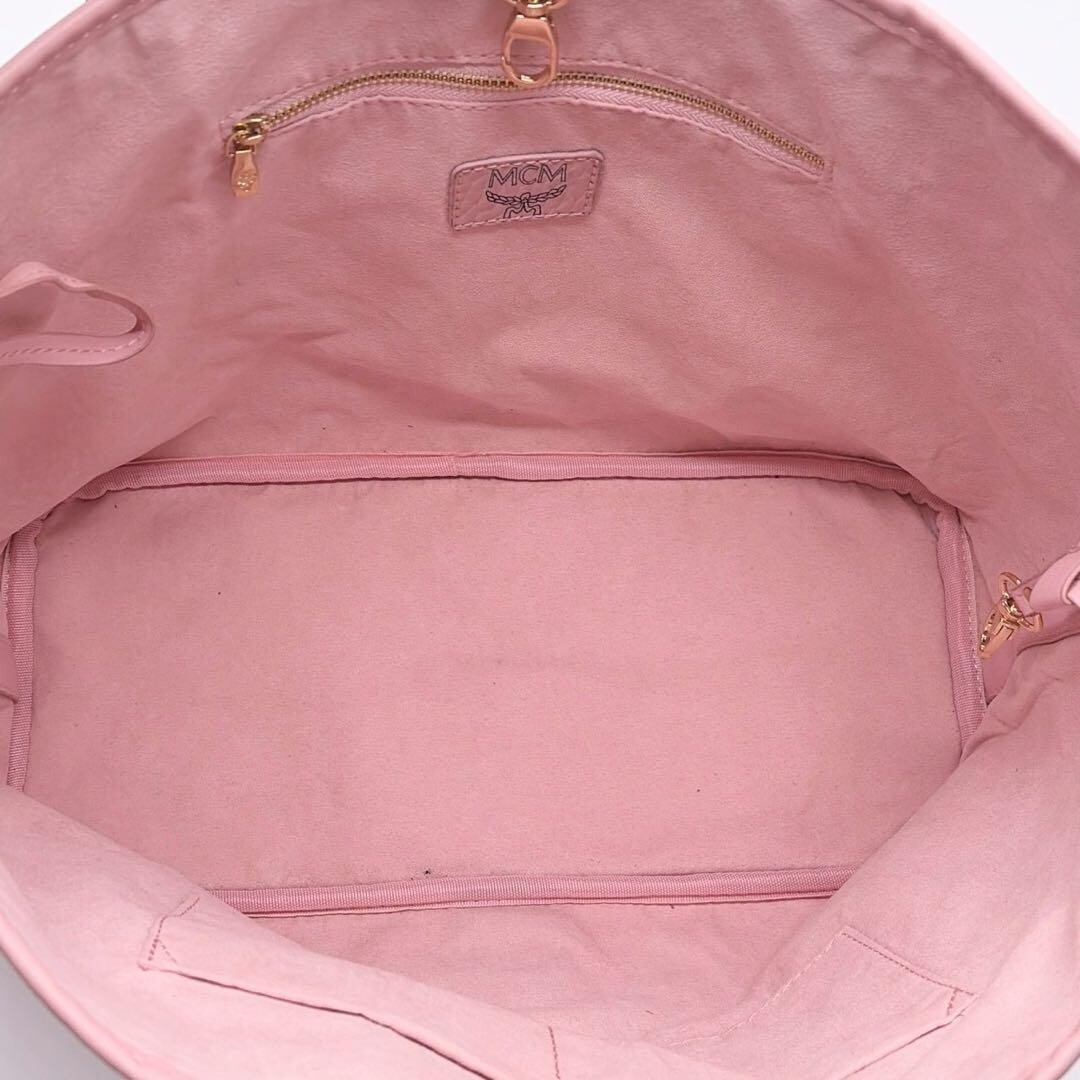 MCM Pink Leather Studded Tote Bag Shopper A4 Large Logo Print Gold Hardware 1361