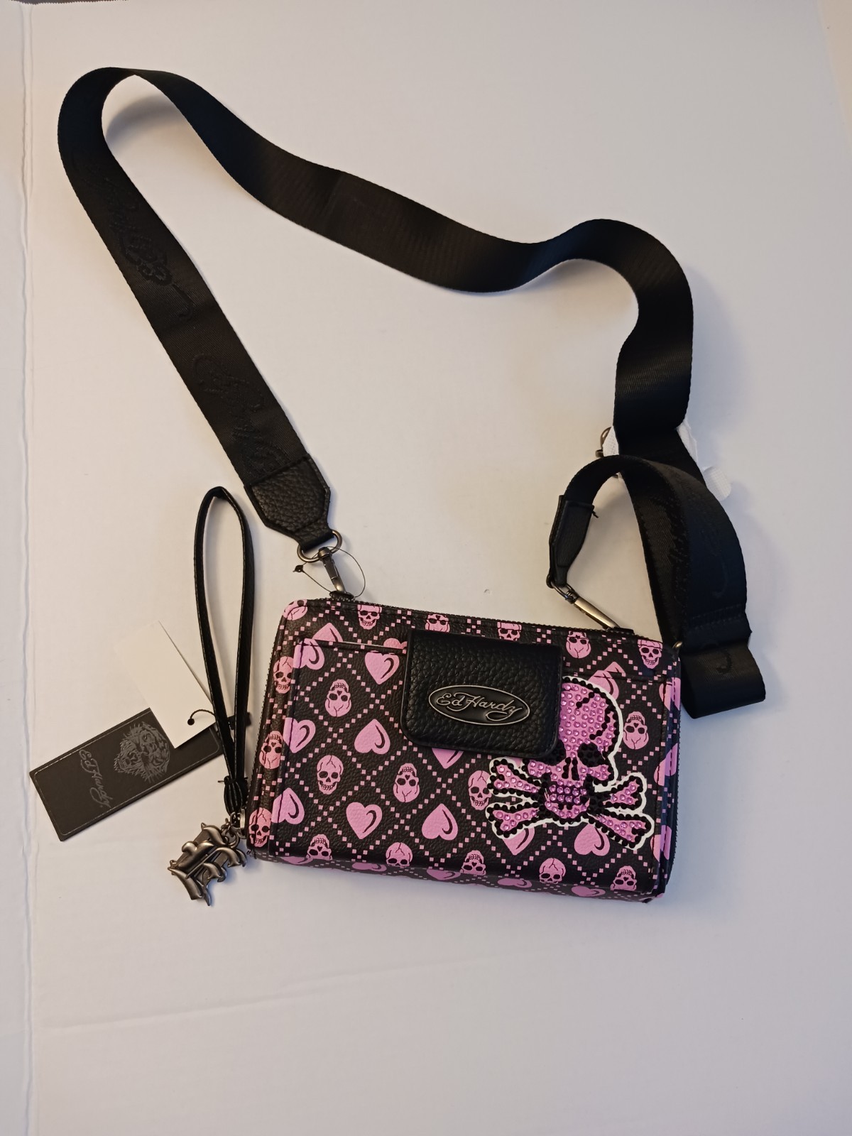 Ed Hardy DOUBLE Zip Crossbody Wristlet Wallet, Skull & Hearts Pink Black NWT
