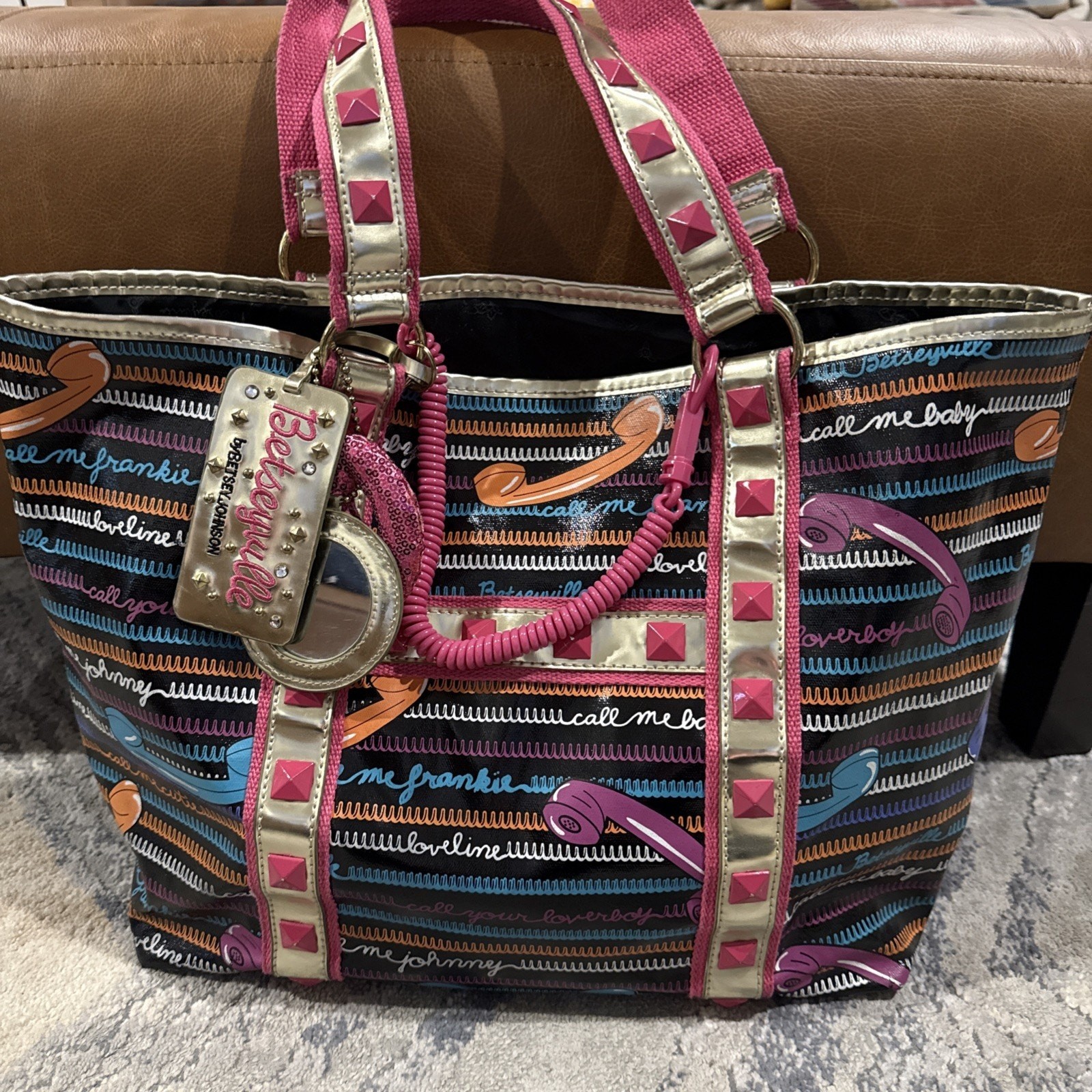 Betseyville by Betsey Johnson “Call Me” Telephone Print Studded Tote Bag F
