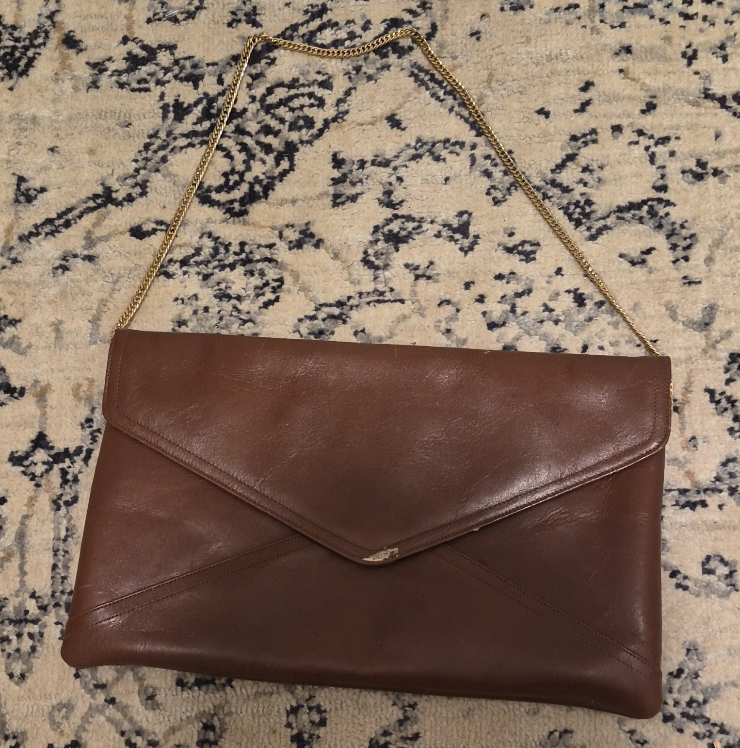 Brown Envelope Flap Shoulder Bag Gold Tone Chain Strap Solid Rectangle Women