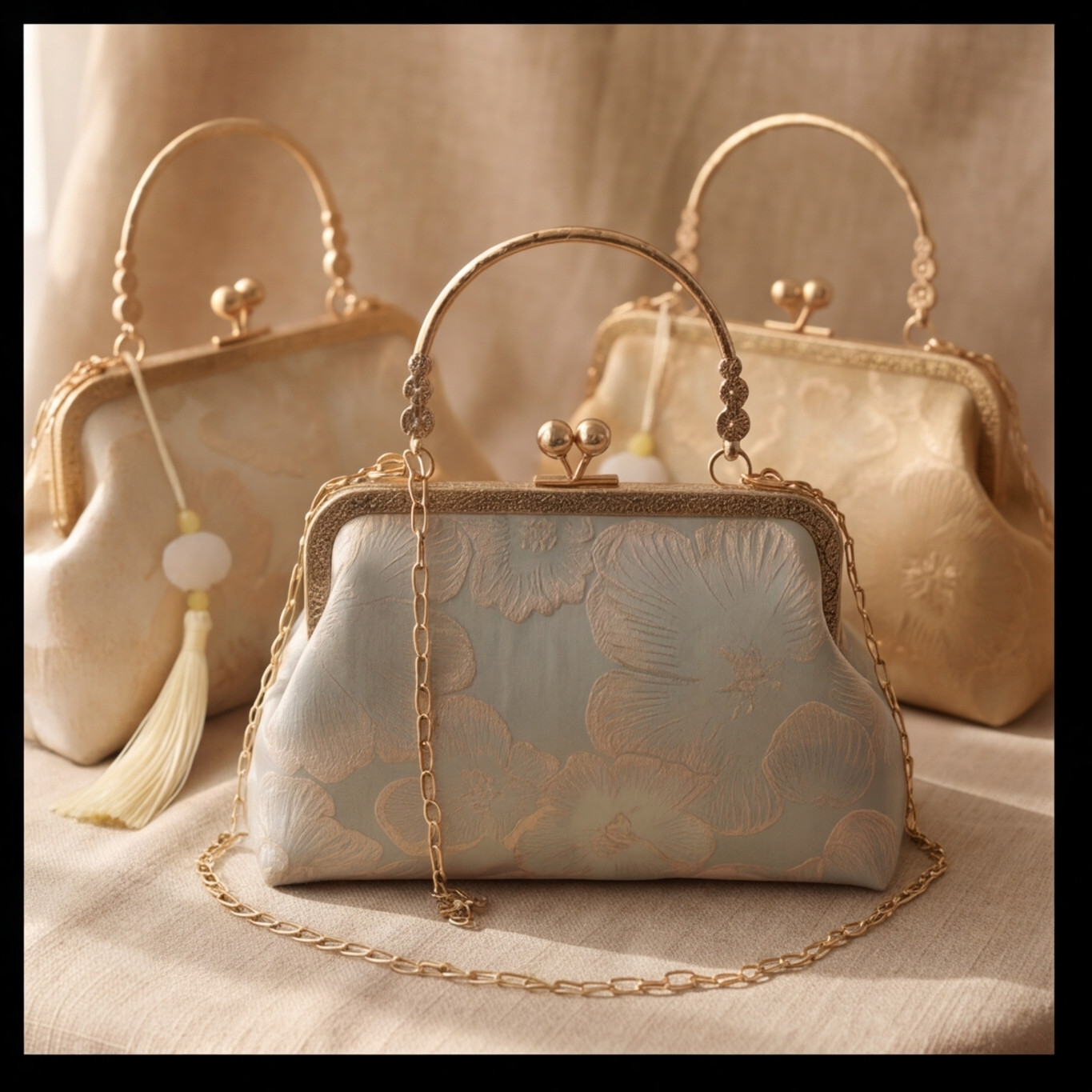 Vintage Silk Floral Evening Clutch Bag Women Tassel Wedding Party Shoulder Purse