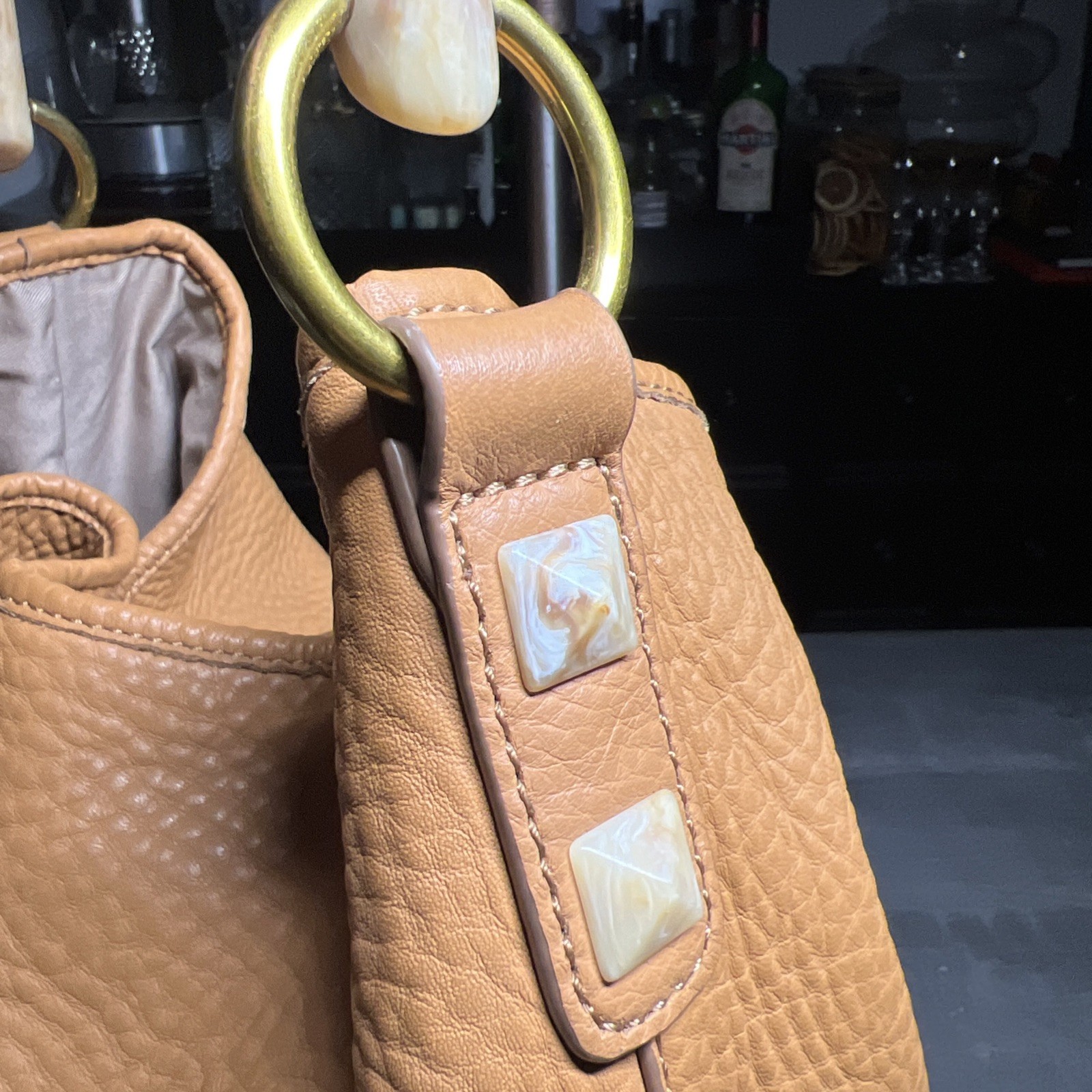 J.Crew Cognac Pebbled Leather Hobo Tote Bag Faux Horn Resin Handle Slouchy Boho