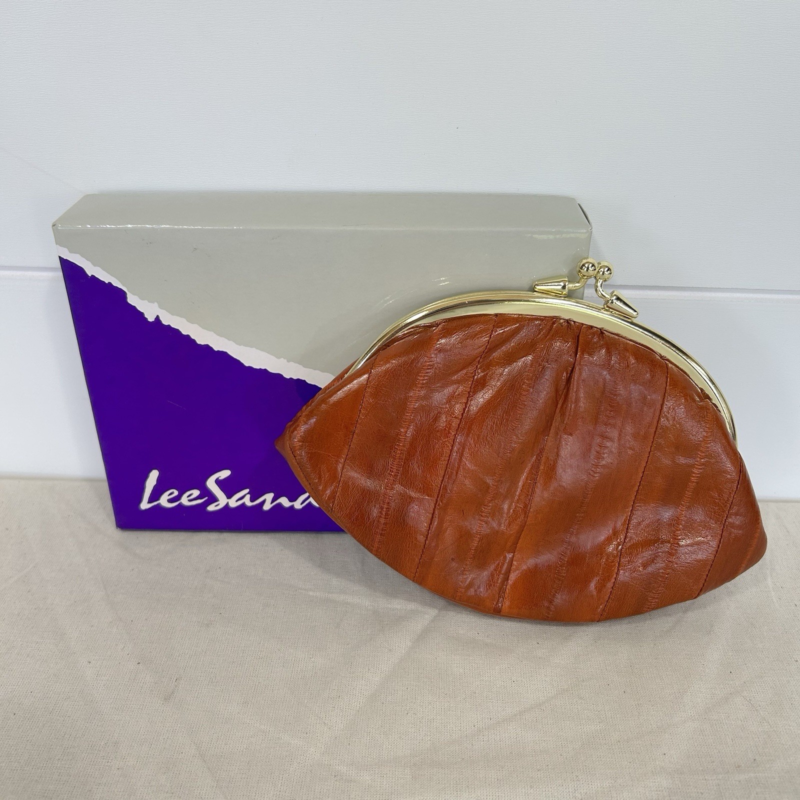 Lee Sands EEL Skin Clutch Purse With Original Box And Card Insert Cognac NEW