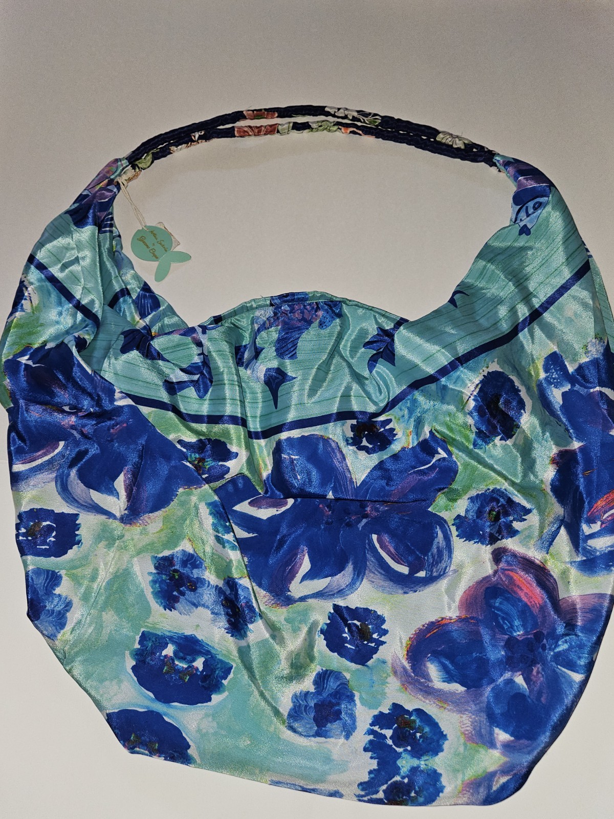 Antica Sartoria Beach Tote Hobo Bag Turquoise with Blue Flowers NWT
