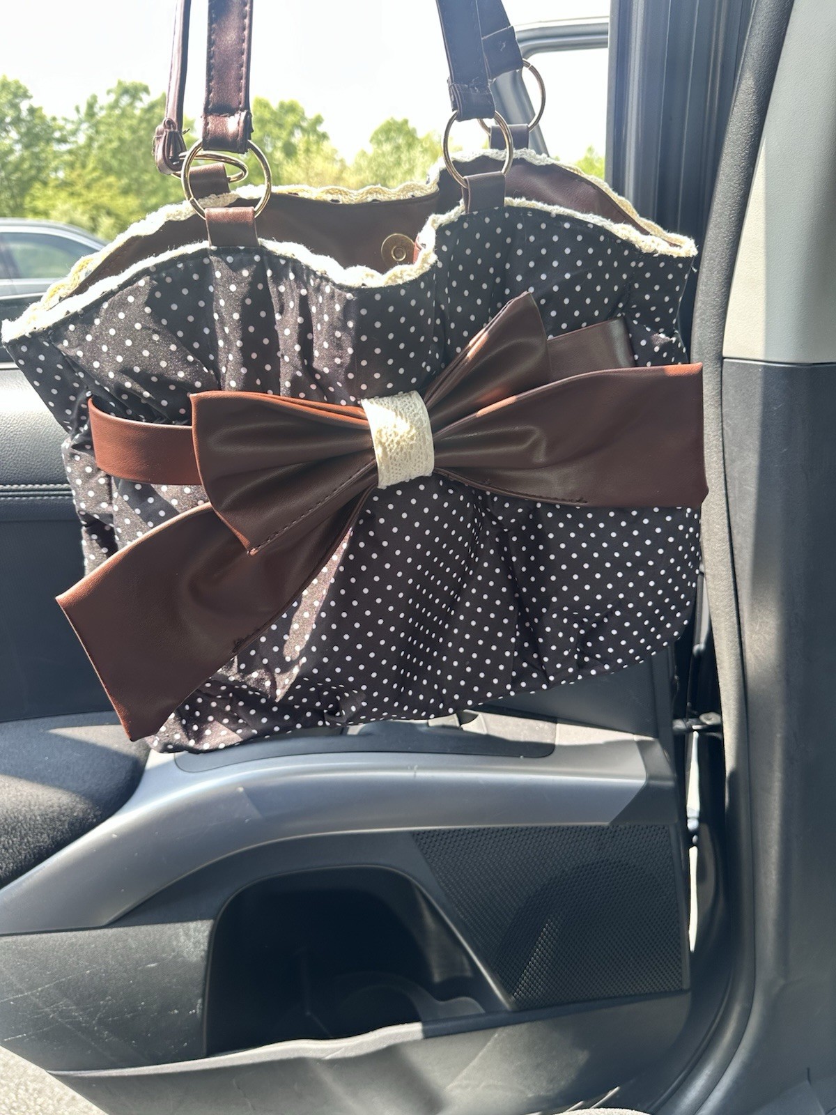 Polka Dot Ruffle Bow Tote Handbag Brown Black White Gold Hardware Double Handles
